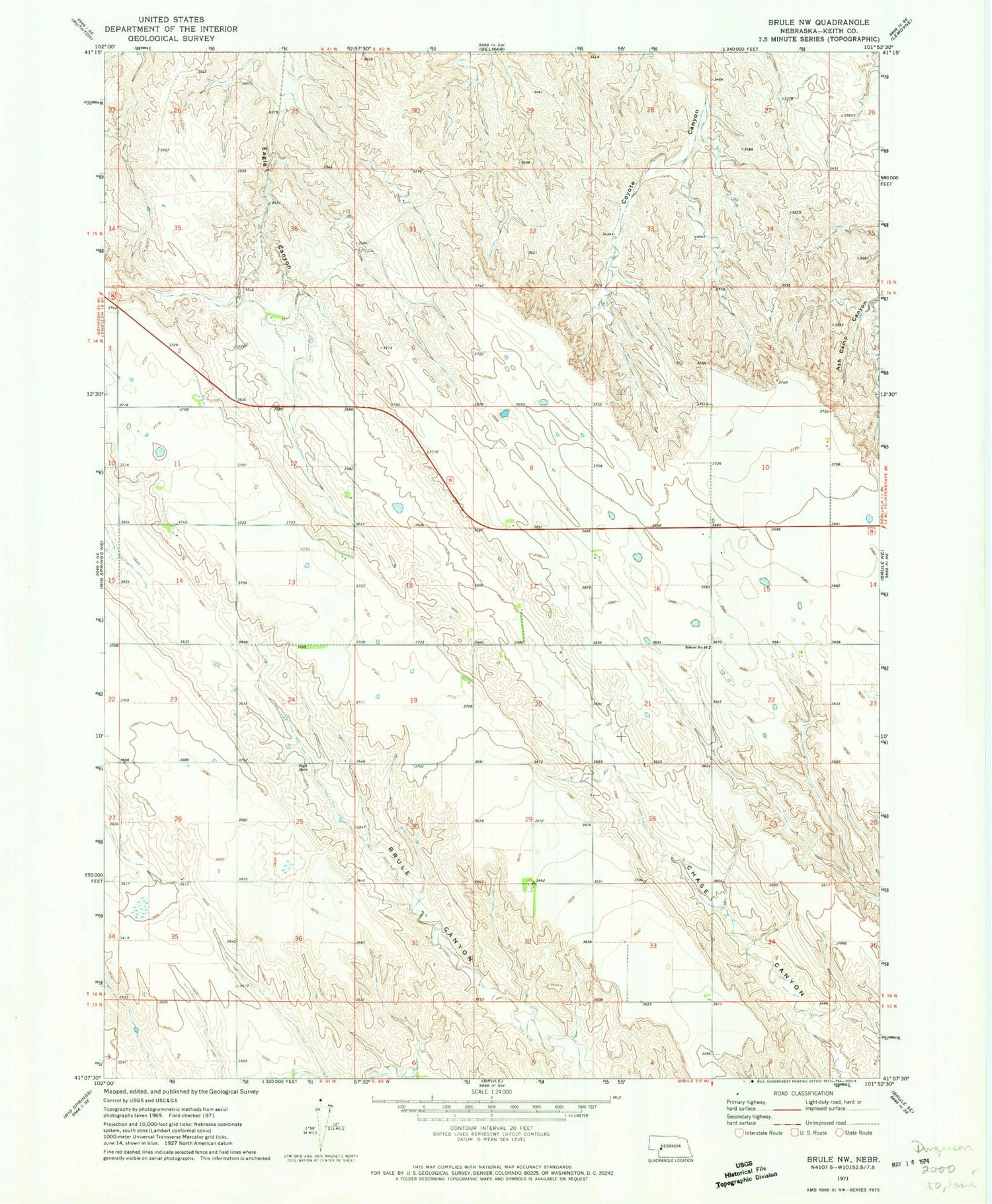 Classic USGS Brule NW Nebraska 7.5'x7.5' Topo Map Image