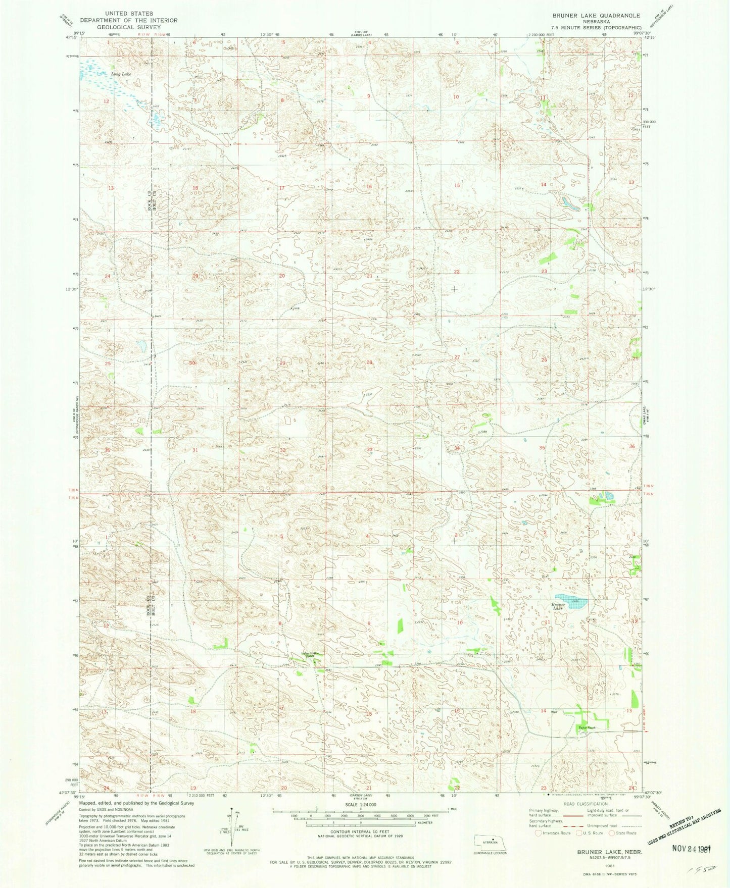 Classic USGS Bruner Lake Nebraska 7.5'x7.5' Topo Map Image