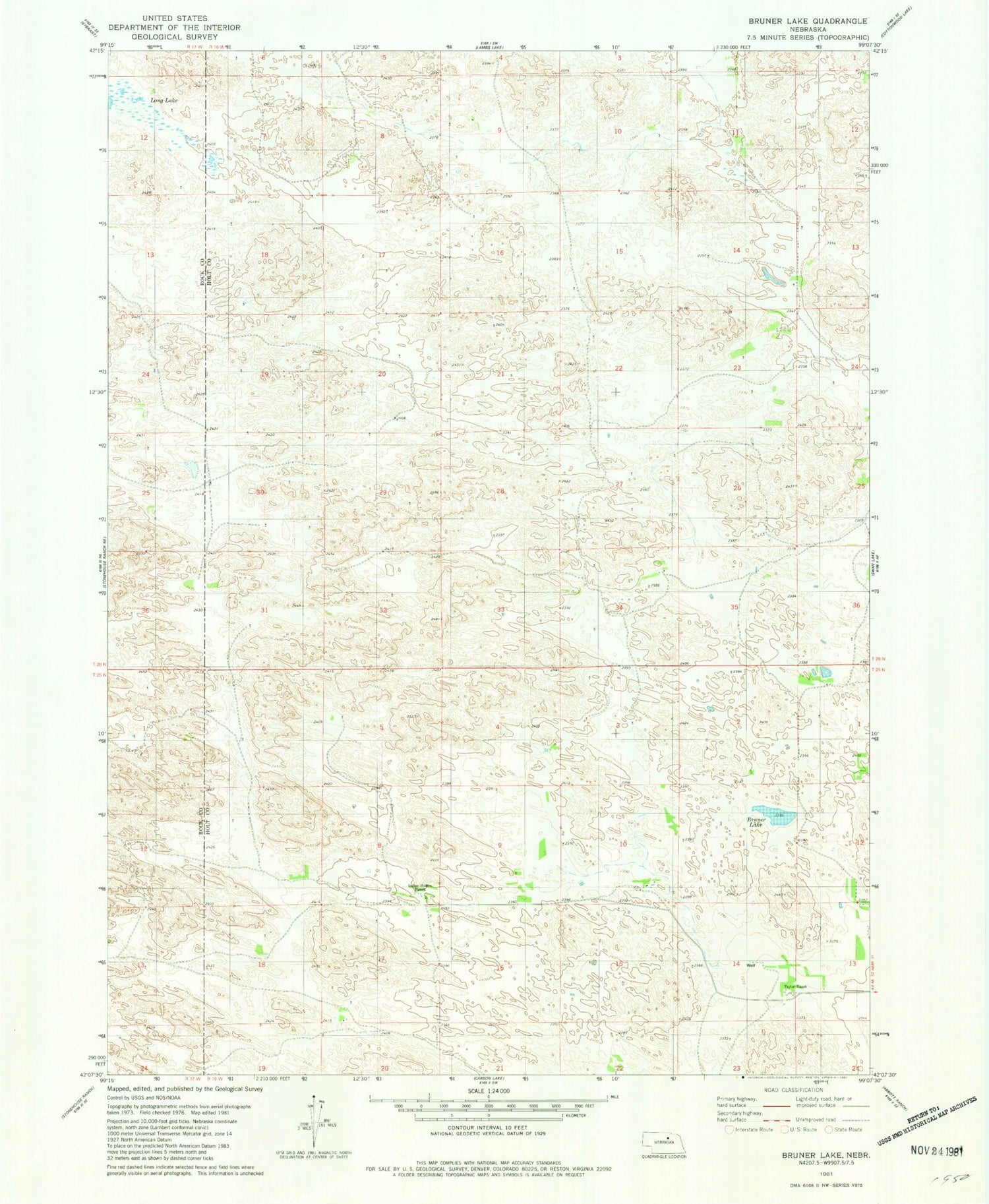 Classic USGS Bruner Lake Nebraska 7.5'x7.5' Topo Map Image