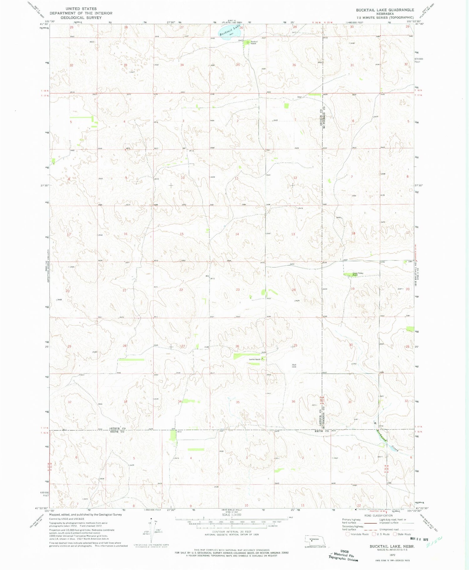 Classic USGS Bucktail Lake Nebraska 7.5'x7.5' Topo Map Image