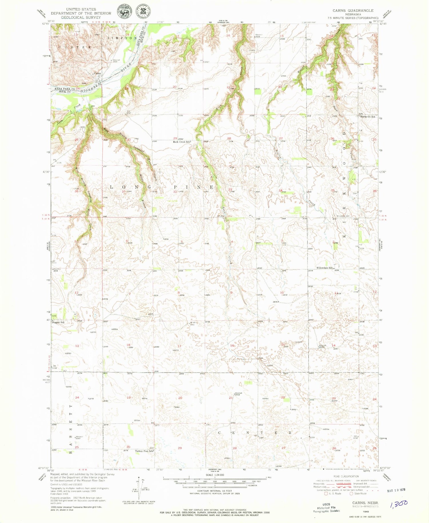 Classic USGS Carns Nebraska 7.5'x7.5' Topo Map Image