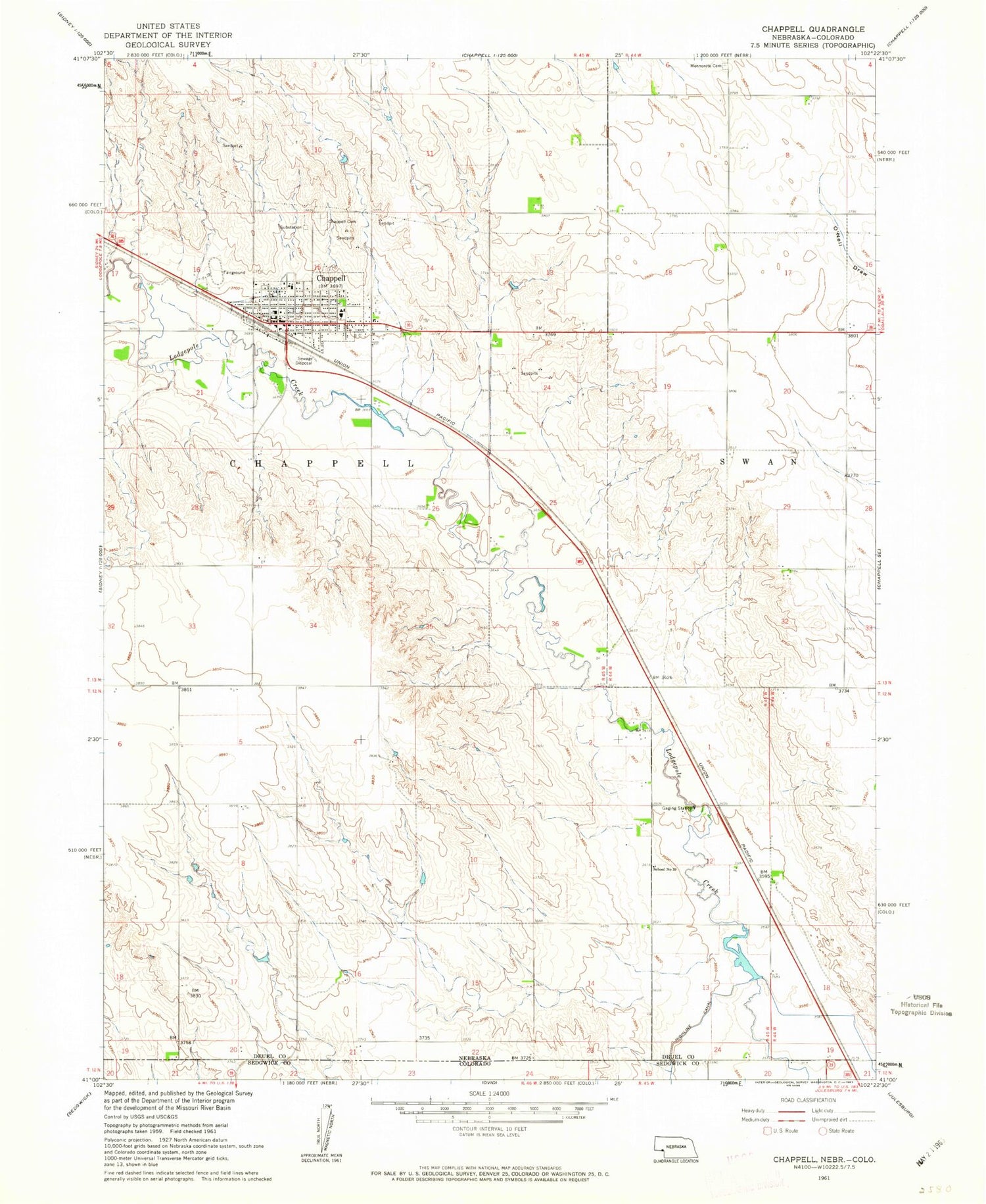 Classic USGS Chappell Nebraska 7.5'x7.5' Topo Map Image