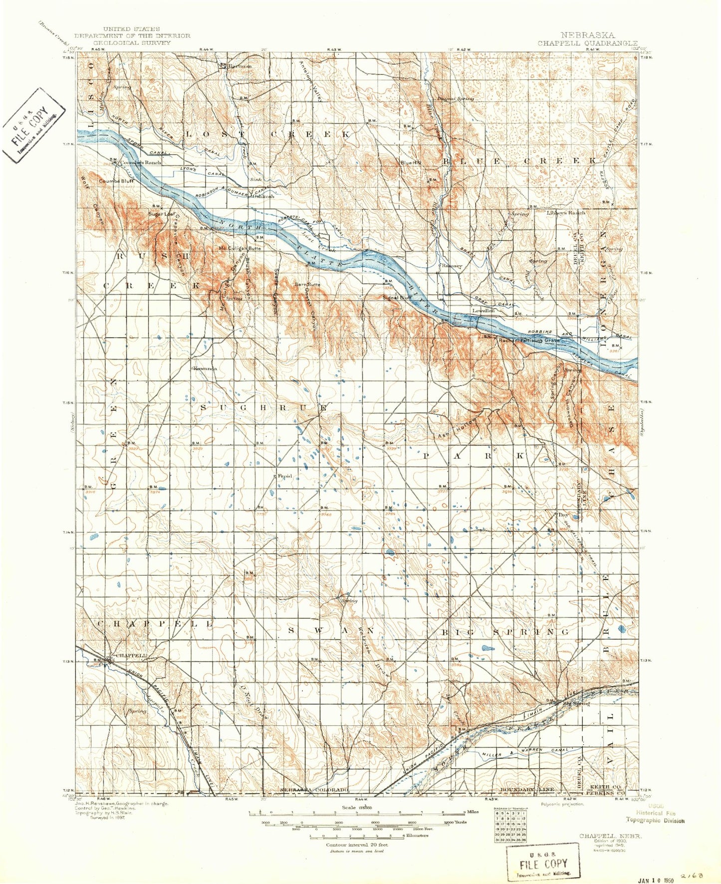 Historic 1900 Chappell Nebraska 30'x30' Topo Map Image