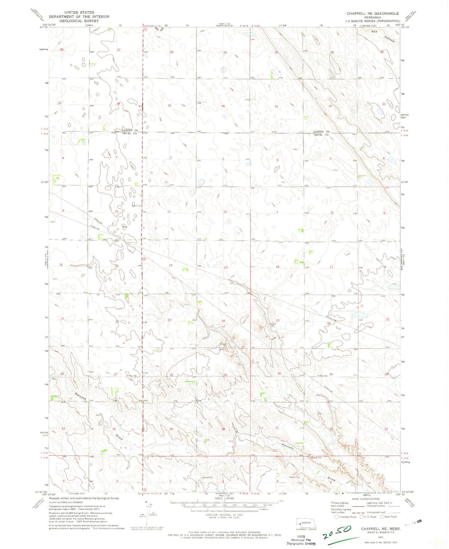 Classic USGS Chappell NE Nebraska 7.5'x7.5' Topo Map Image