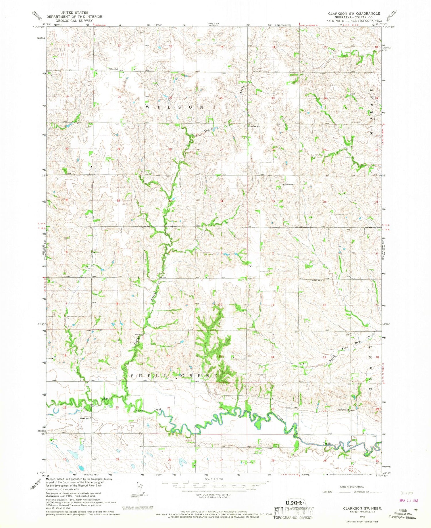 Classic USGS Clarkson SW Nebraska 7.5'x7.5' Topo Map Image