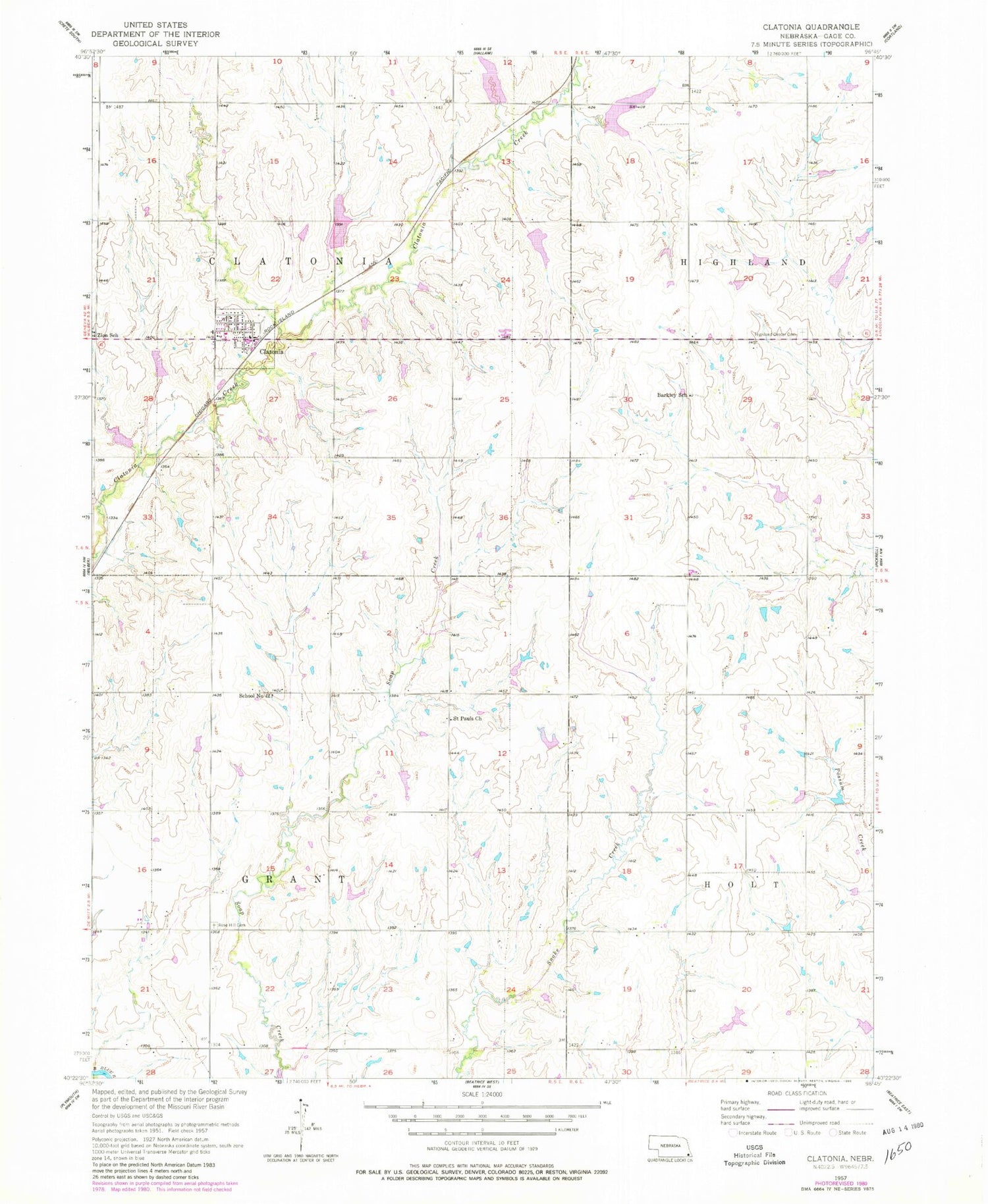 Classic USGS Clatonia Nebraska 7.5'x7.5' Topo Map Image