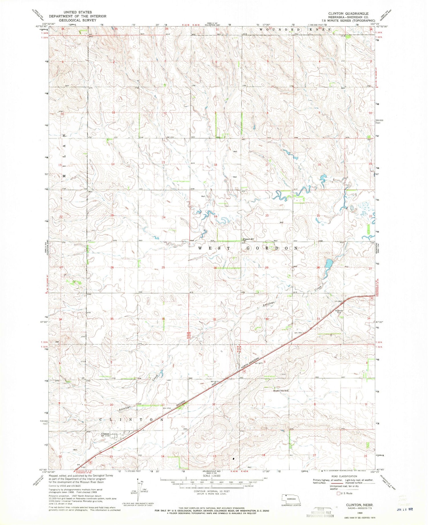 Classic USGS Clinton Nebraska 7.5'x7.5' Topo Map Image