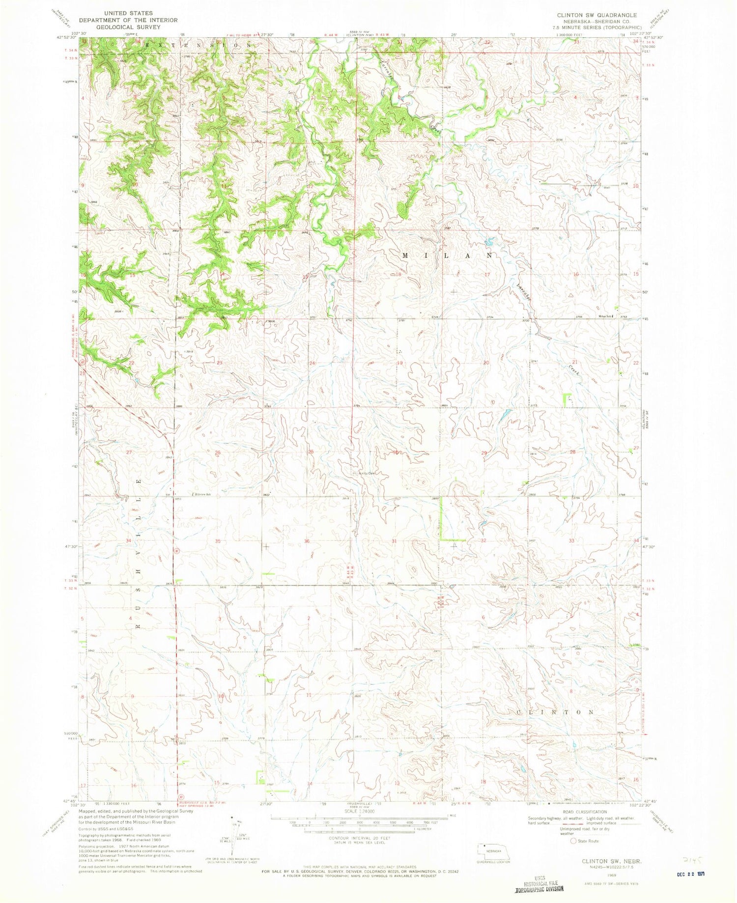 Classic USGS Clinton SW Nebraska 7.5'x7.5' Topo Map Image
