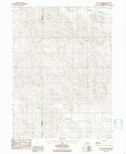 Classic USGS Cody Lake SW Nebraska 7.5'x7.5' Topo Map Image