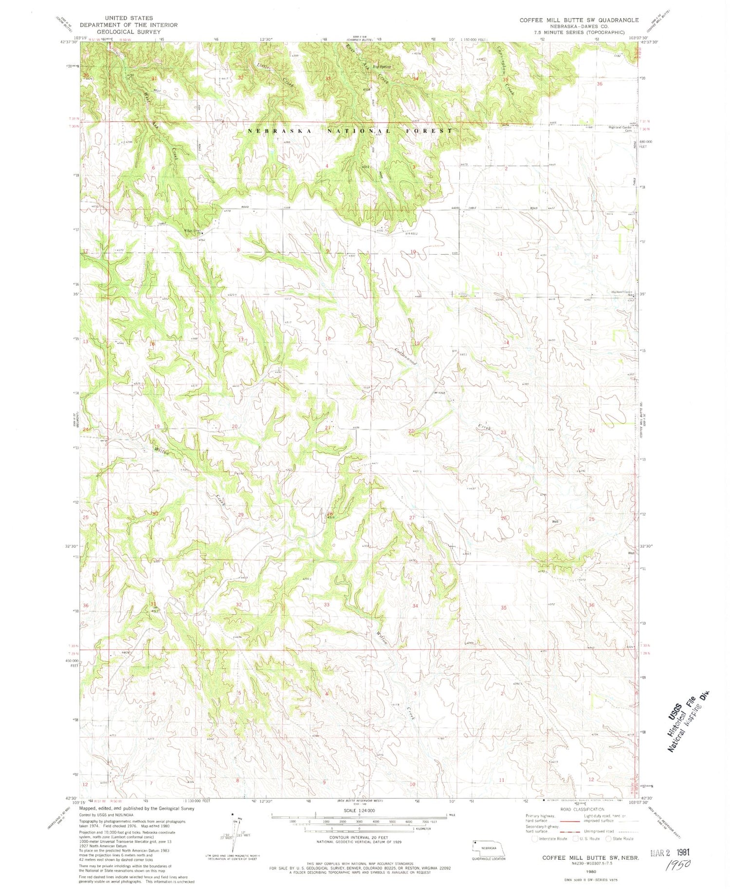 Classic USGS Coffee Mill Butte SW Nebraska 7.5'x7.5' Topo Map Image