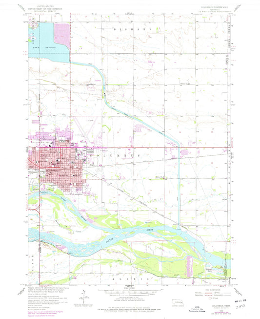 Classic USGS Columbus Nebraska 7.5'x7.5' Topo Map Image