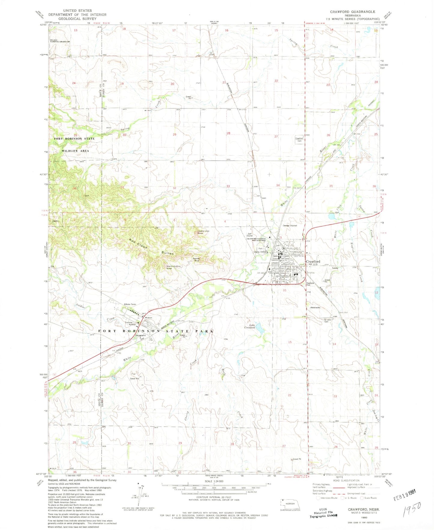 Classic USGS Crawford Nebraska 7.5'x7.5' Topo Map Image