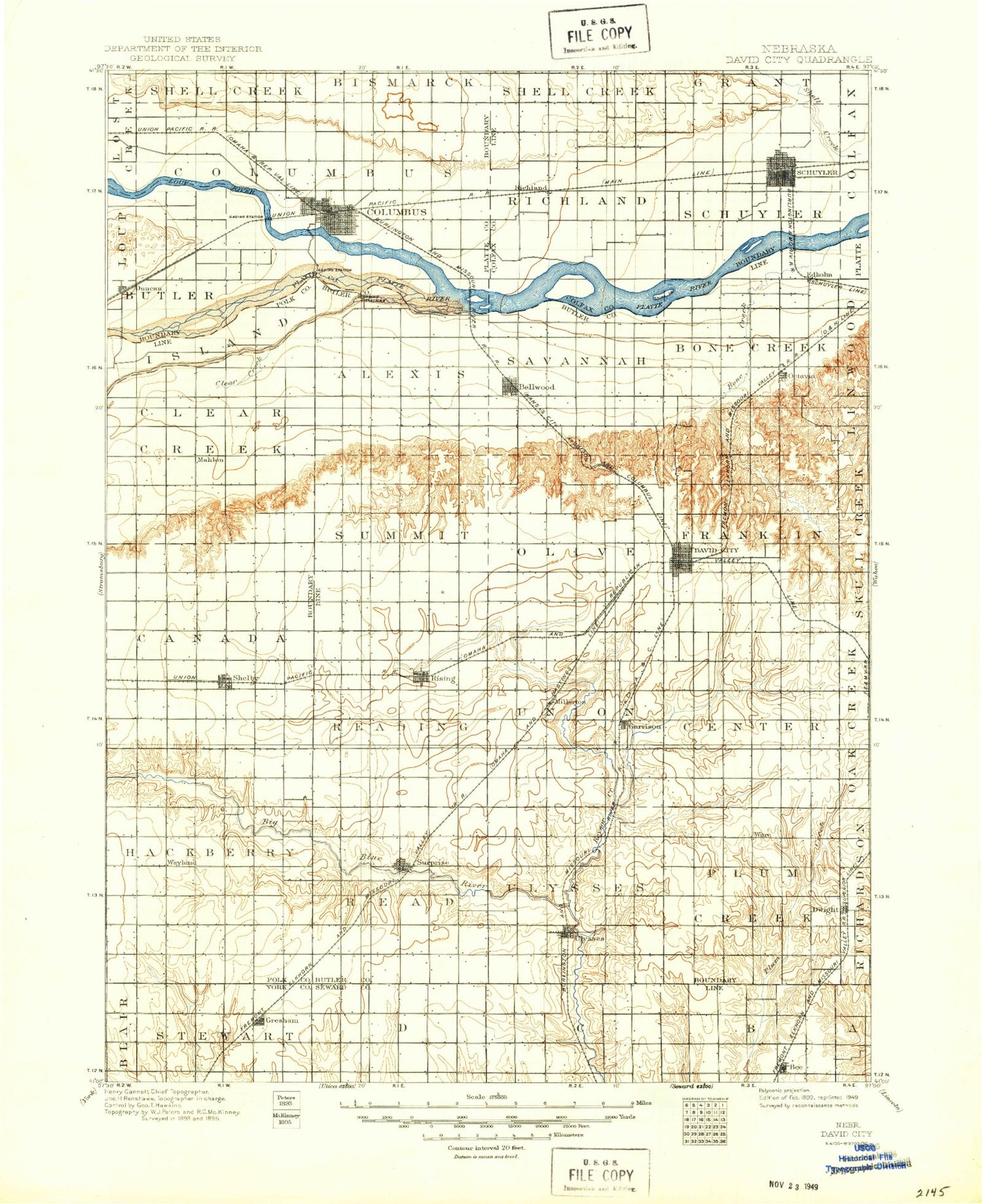 Historic 1899 David City Nebraska 30'x30' Topo Map Image