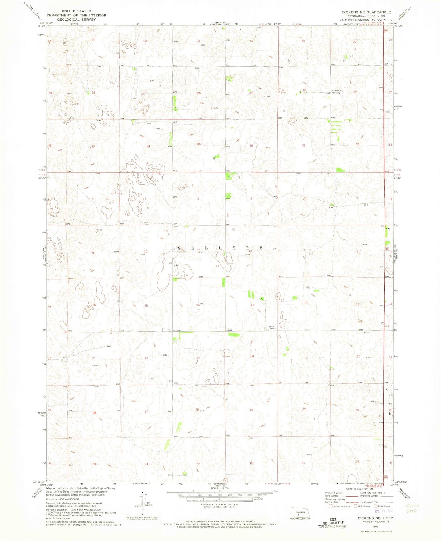 Classic USGS Dickens NE Nebraska 7.5'x7.5' Topo Map Image