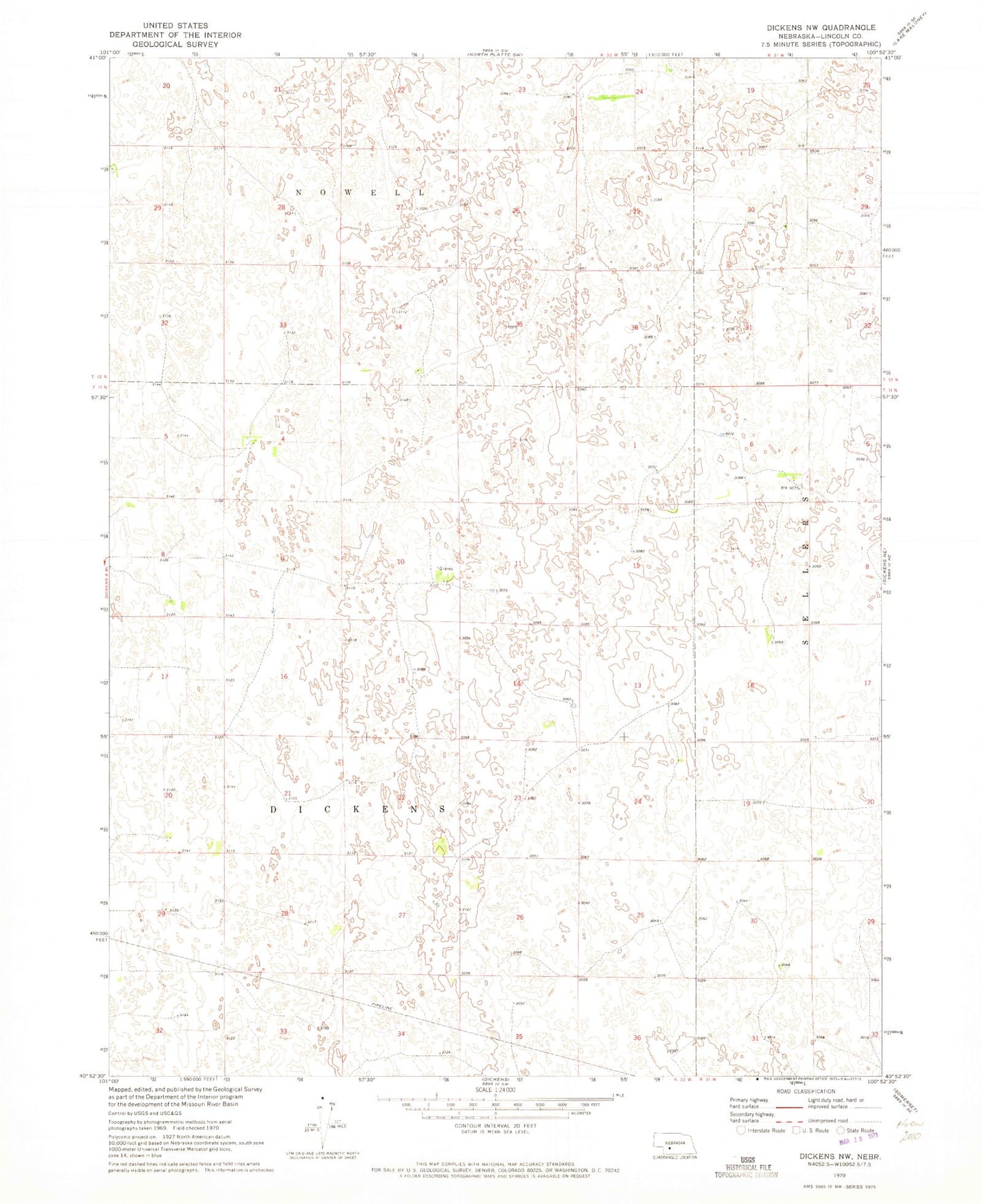 Classic USGS Dickens NW Nebraska 7.5'x7.5' Topo Map Image