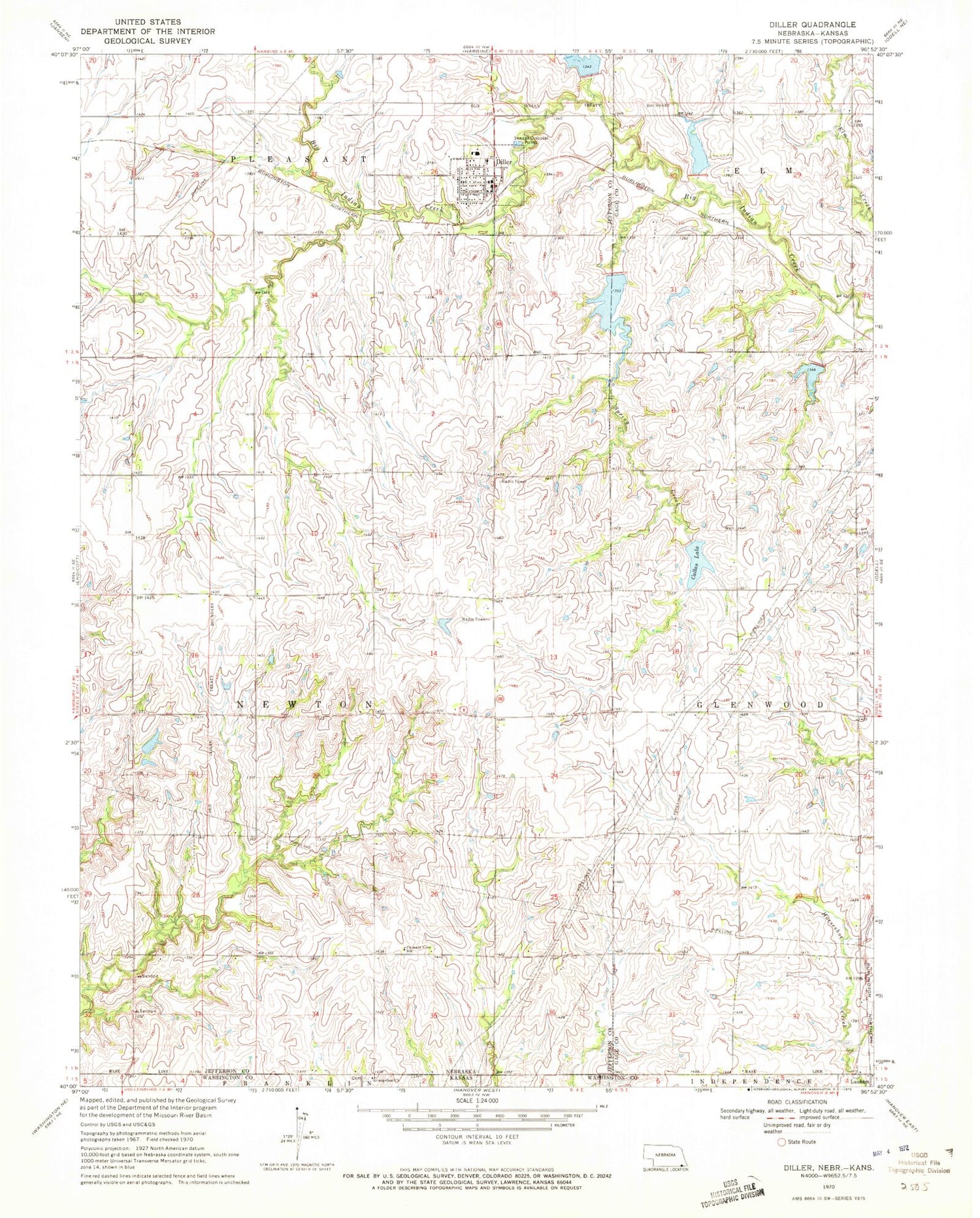 Classic USGS Diller Nebraska 7.5'x7.5' Topo Map Image