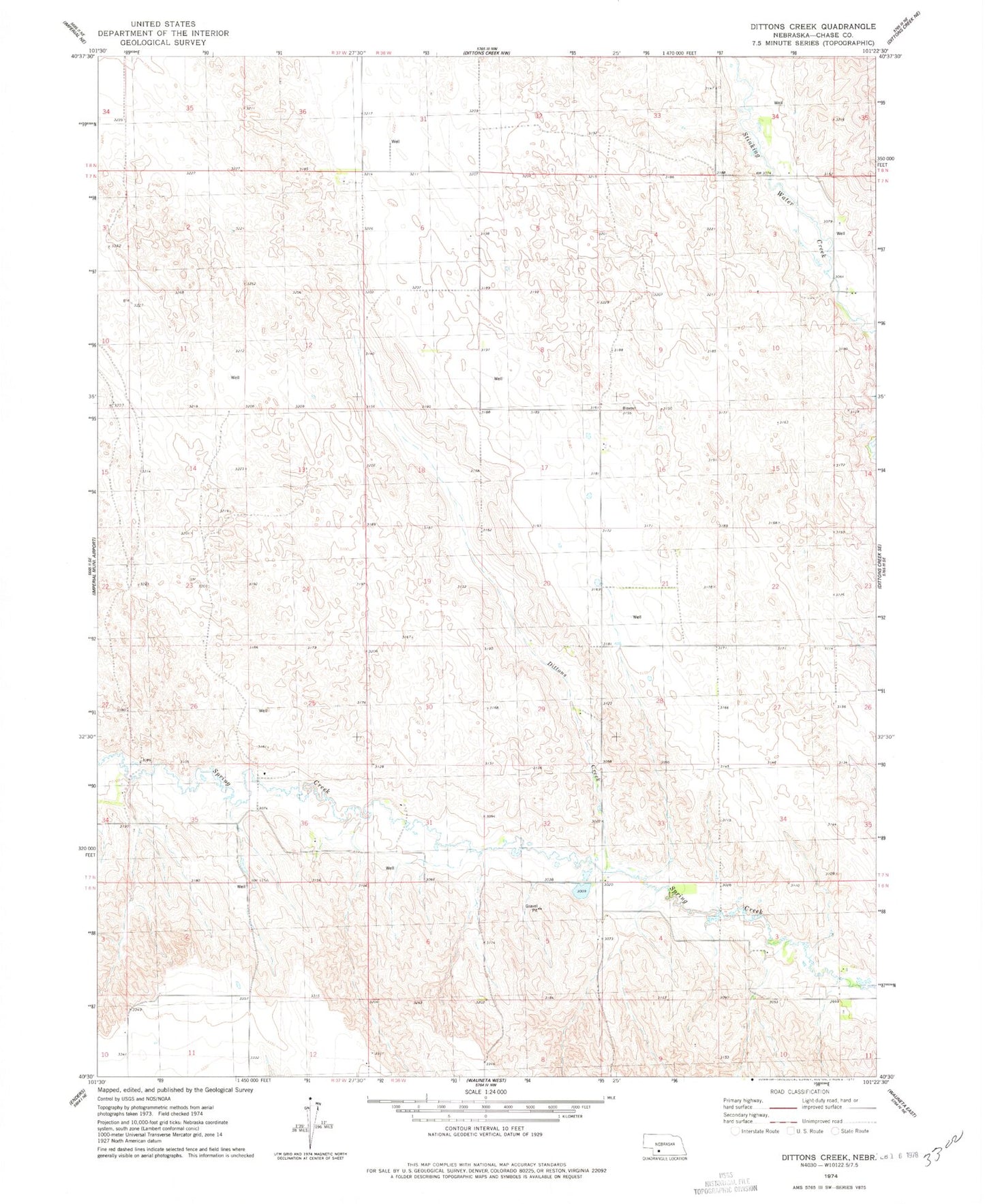 Classic USGS Dittons Creek Nebraska 7.5'x7.5' Topo Map Image