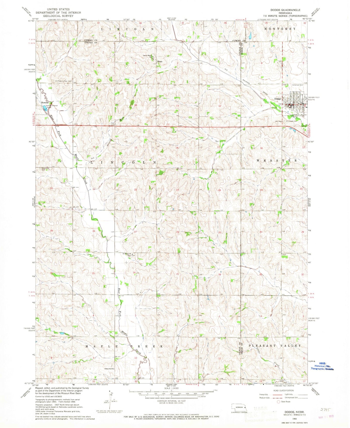 Classic USGS Dodge Nebraska 7.5'x7.5' Topo Map Image