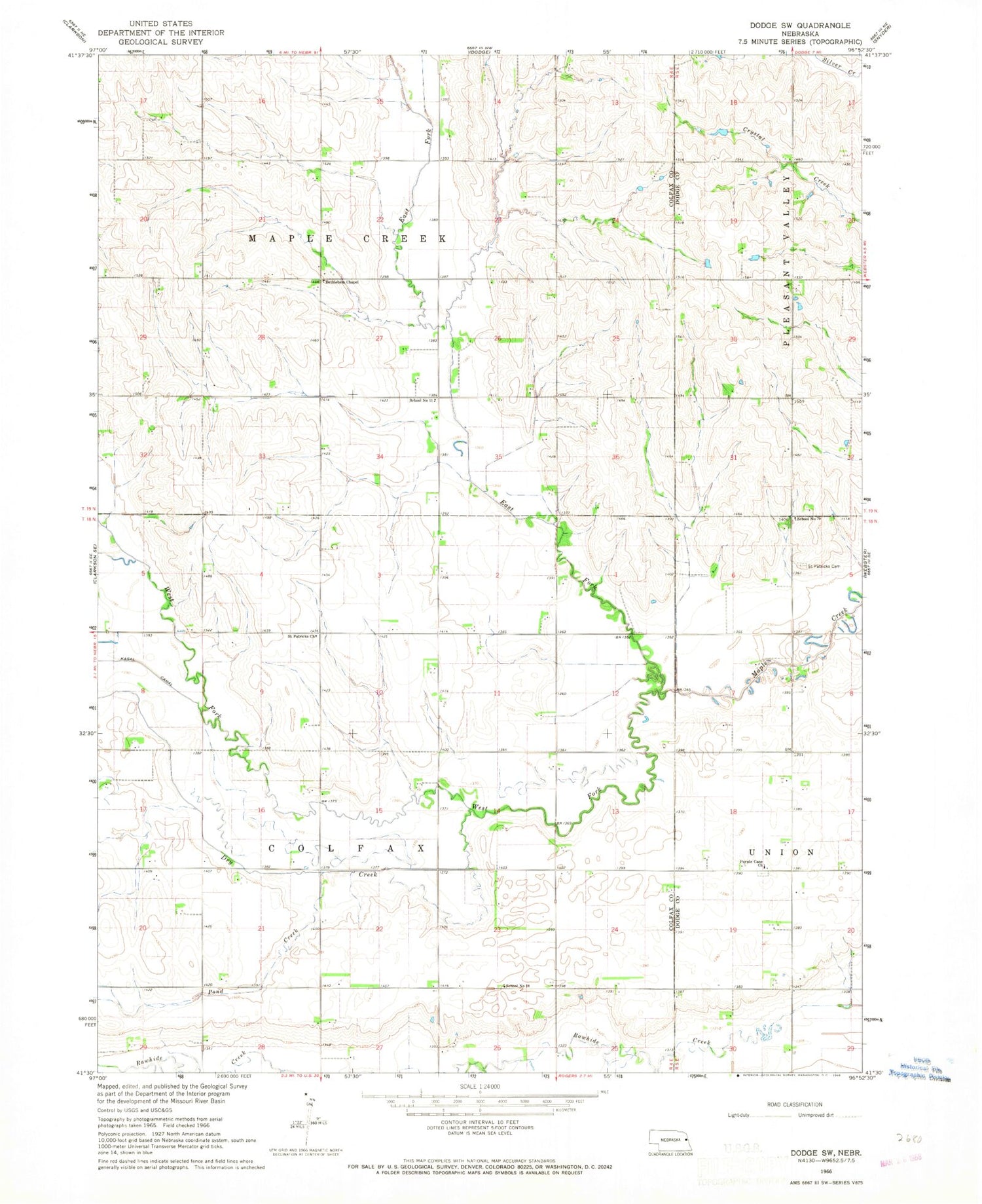 Classic USGS Dodge SW Nebraska 7.5'x7.5' Topo Map Image