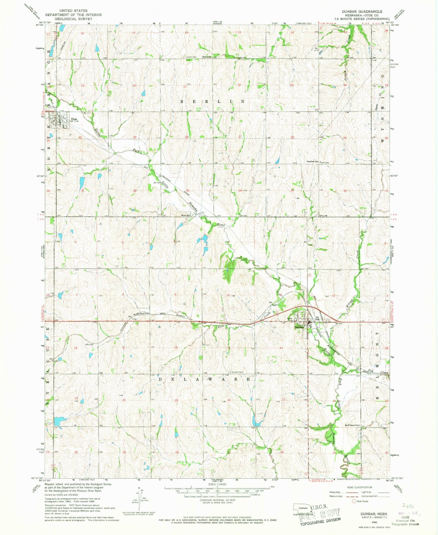 Classic USGS Dunbar Nebraska 7.5'x7.5' Topo Map Image