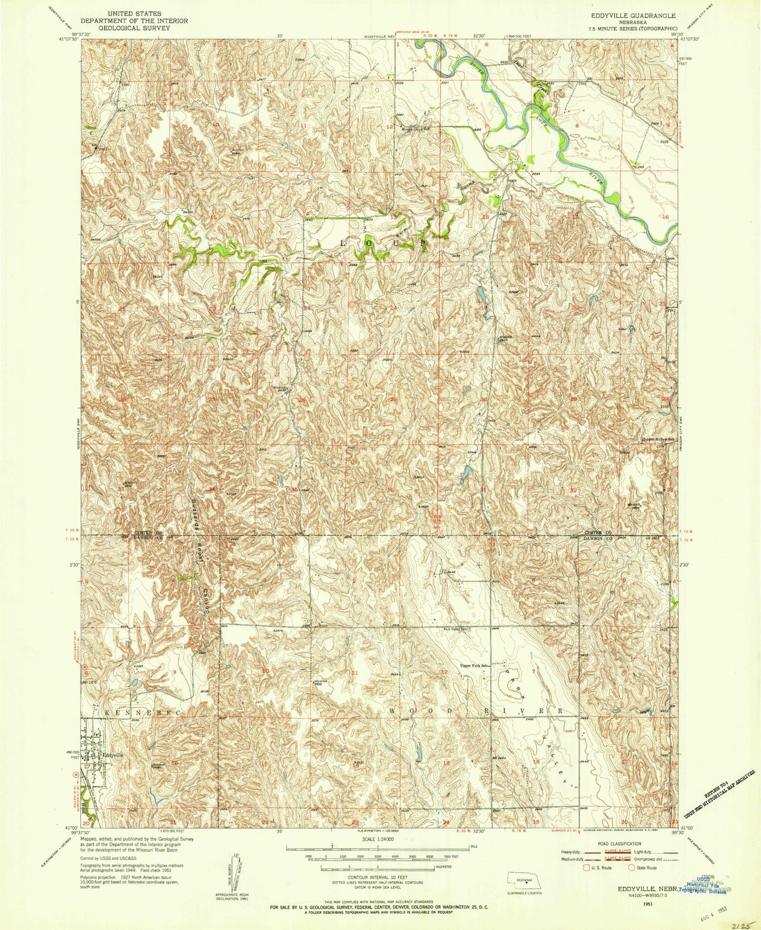 Classic USGS Eddyville Nebraska 7.5'x7.5' Topo Map Image