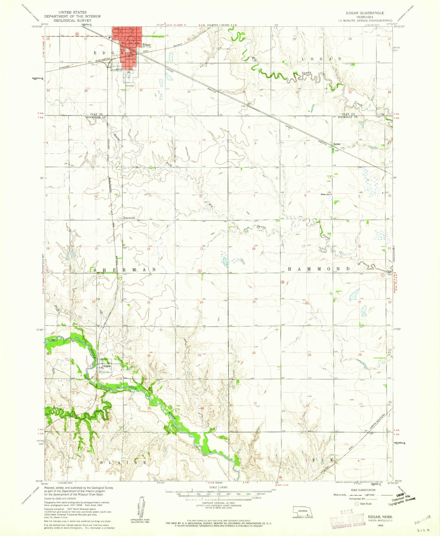 Classic USGS Edgar Nebraska 7.5'x7.5' Topo Map Image