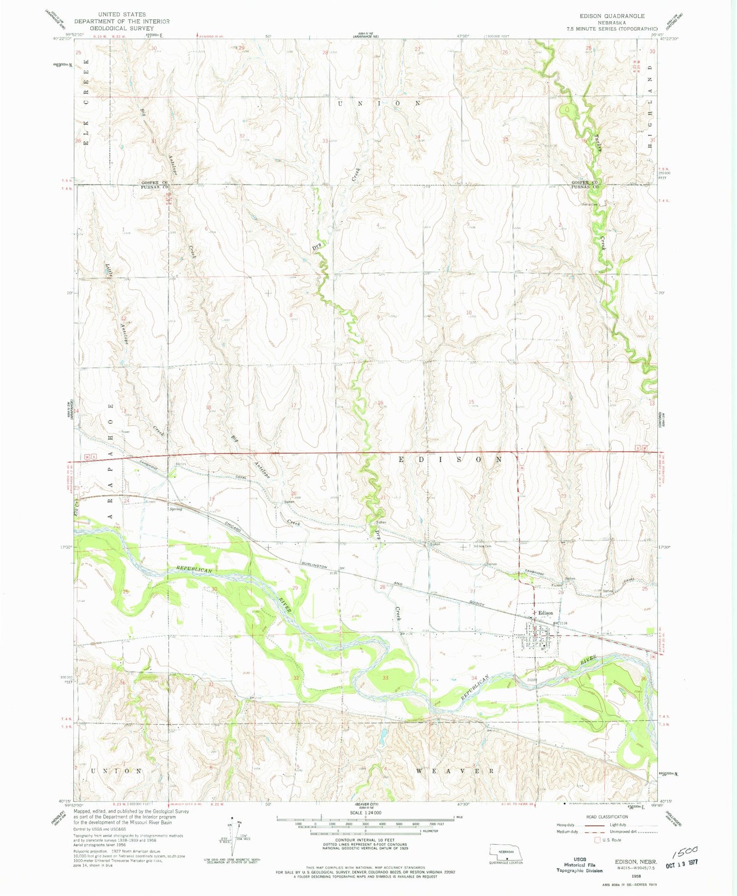 Classic USGS Edison Nebraska 7.5'x7.5' Topo Map Image