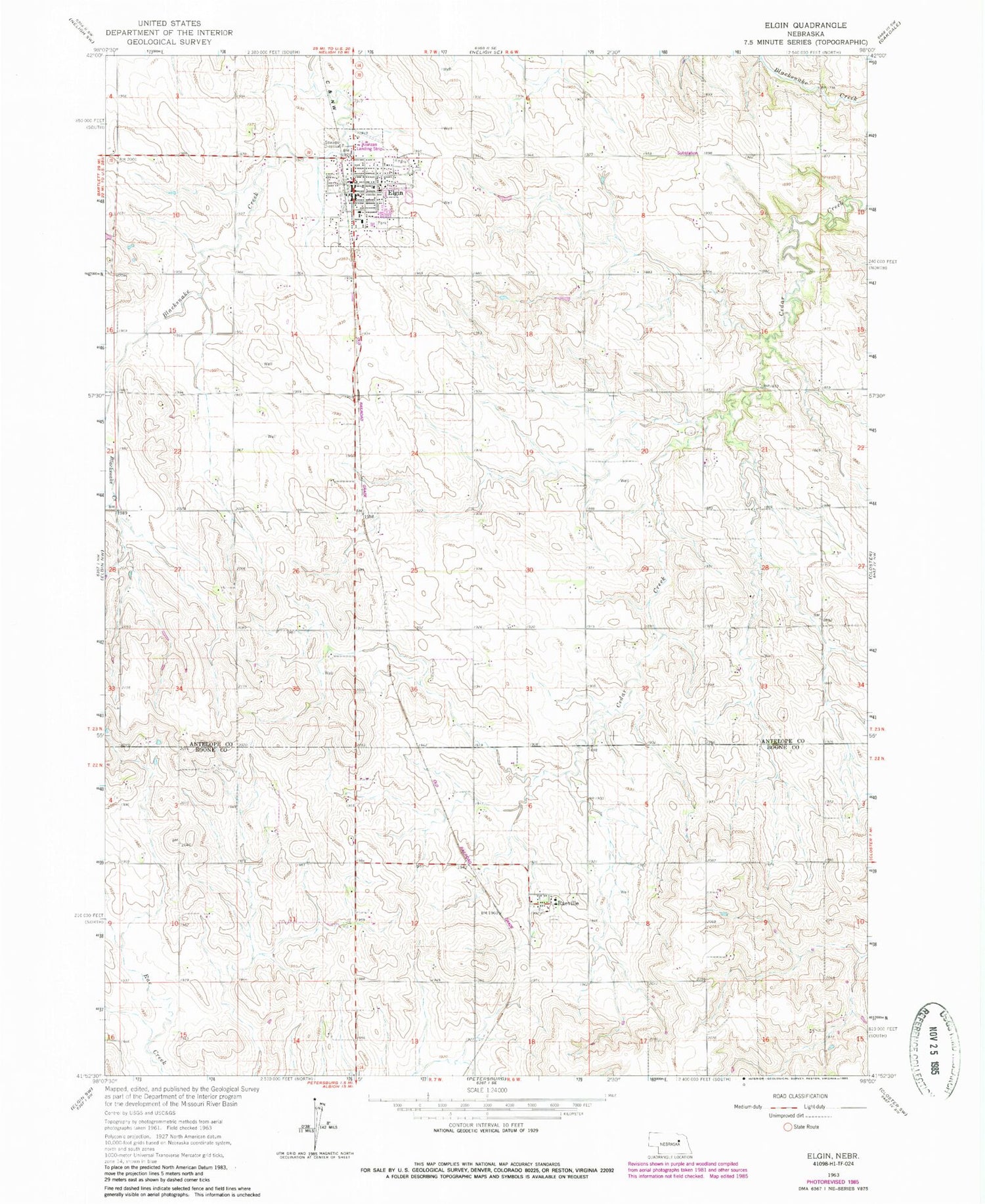 Classic USGS Elgin Nebraska 7.5'x7.5' Topo Map Image