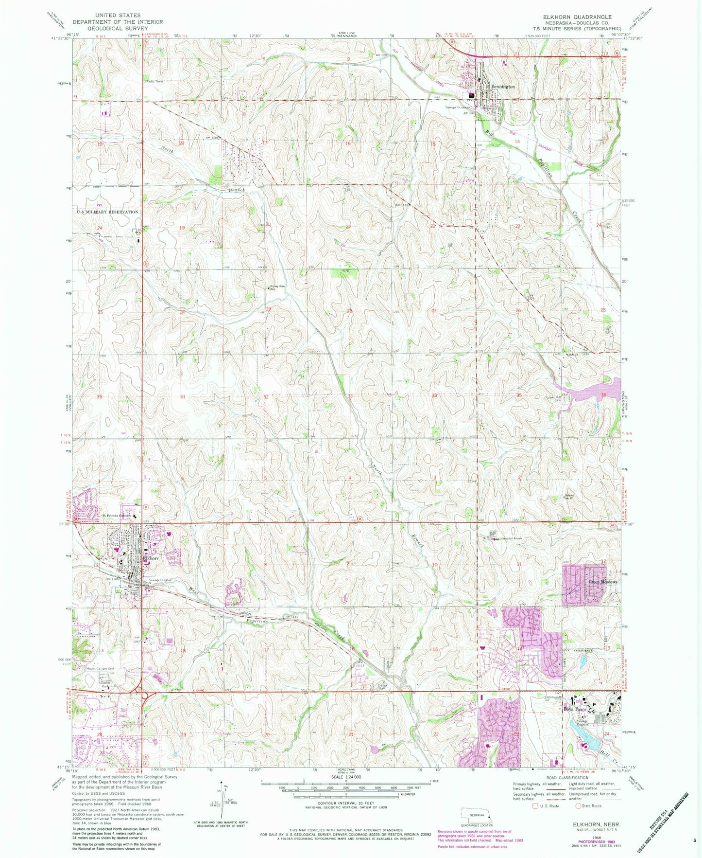 Classic USGS Elkhorn Nebraska 7.5'x7.5' Topo Map Image