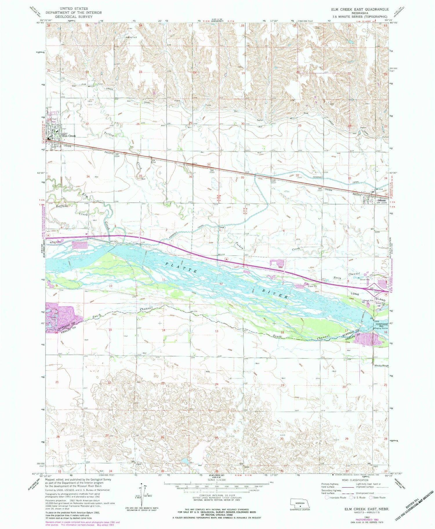 Classic USGS Elm Creek East Nebraska 7.5'x7.5' Topo Map Image