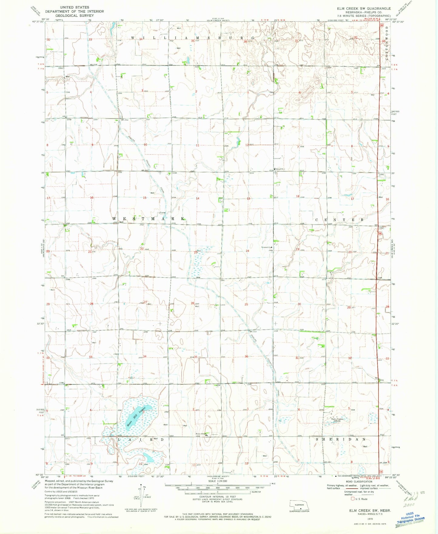 Classic USGS Elm Creek SW Nebraska 7.5'x7.5' Topo Map Image