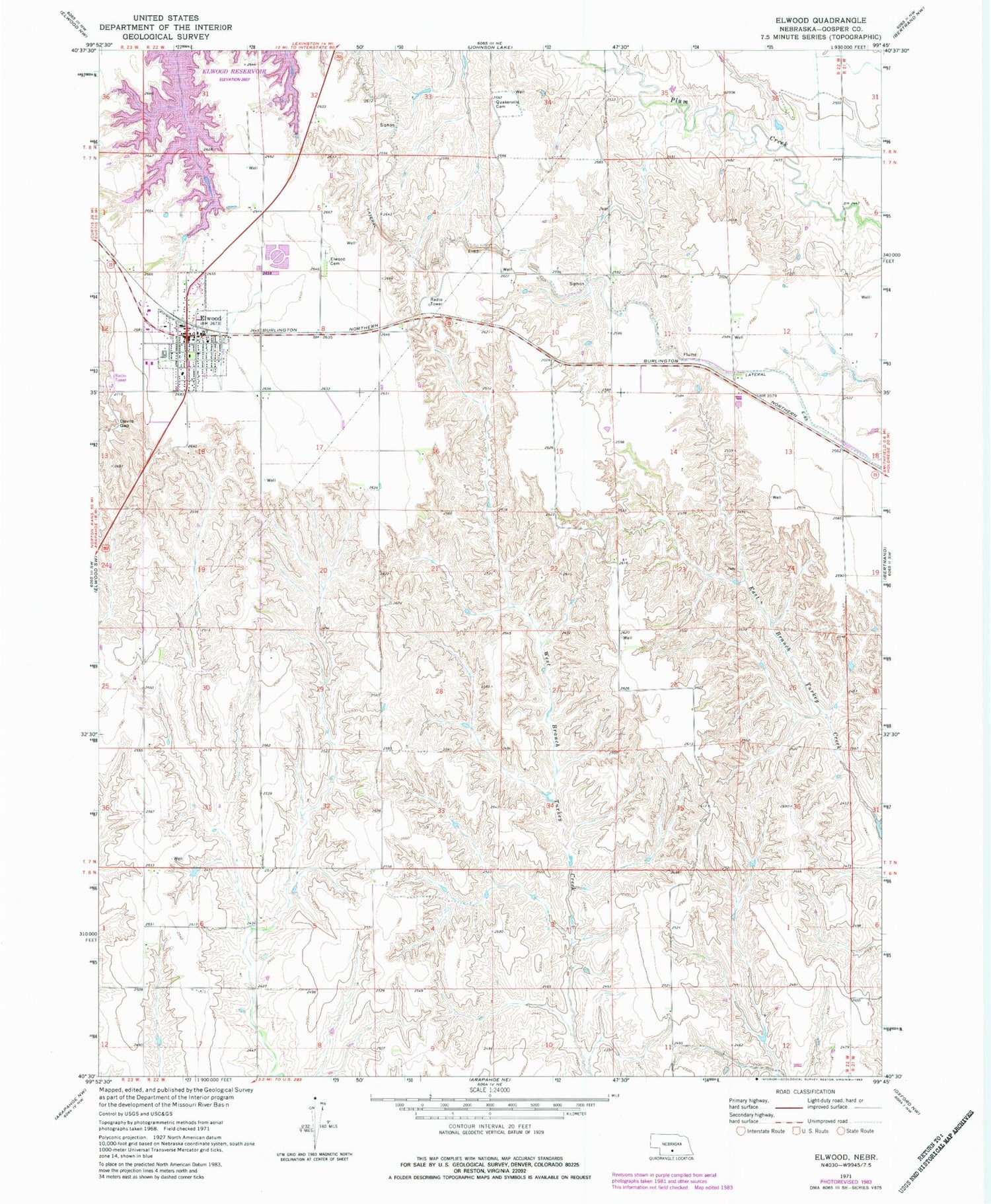 Classic USGS Elwood Nebraska 7.5'x7.5' Topo Map Image