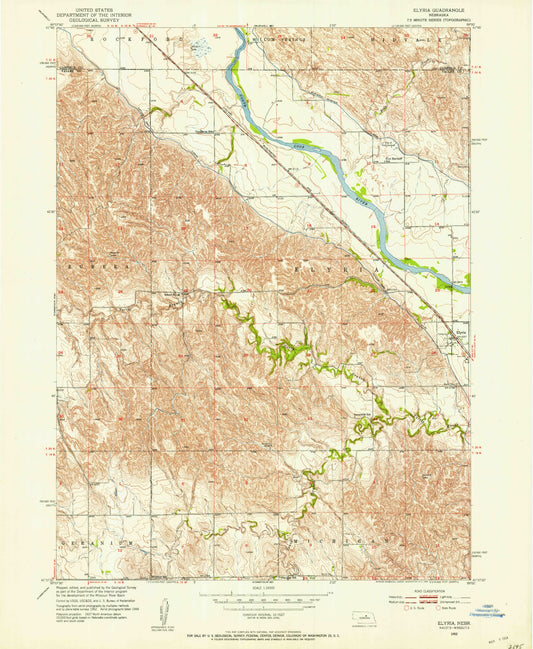 Classic USGS Elyria Nebraska 7.5'x7.5' Topo Map Image