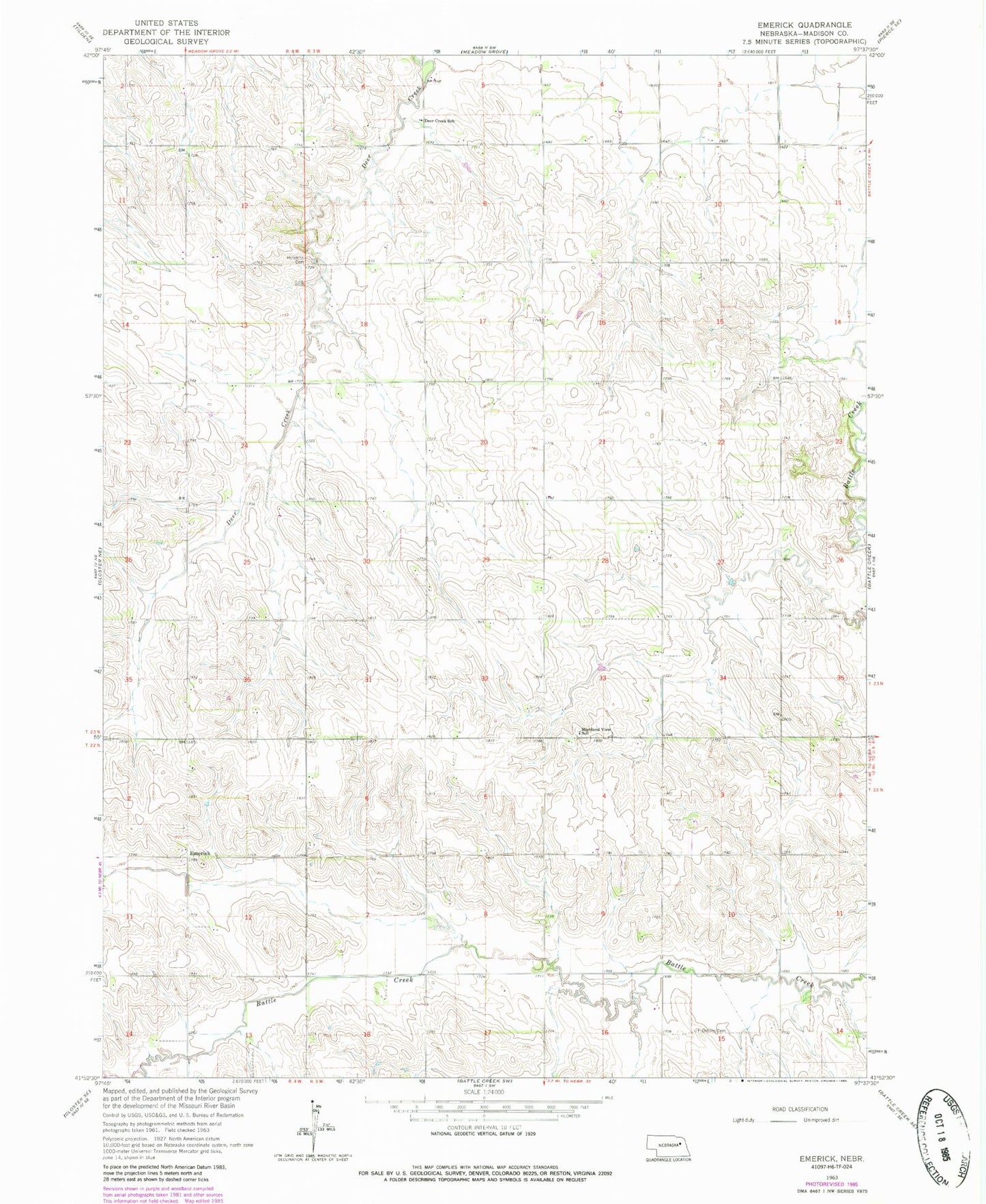 Classic USGS Emerick Nebraska 7.5'x7.5' Topo Map Image