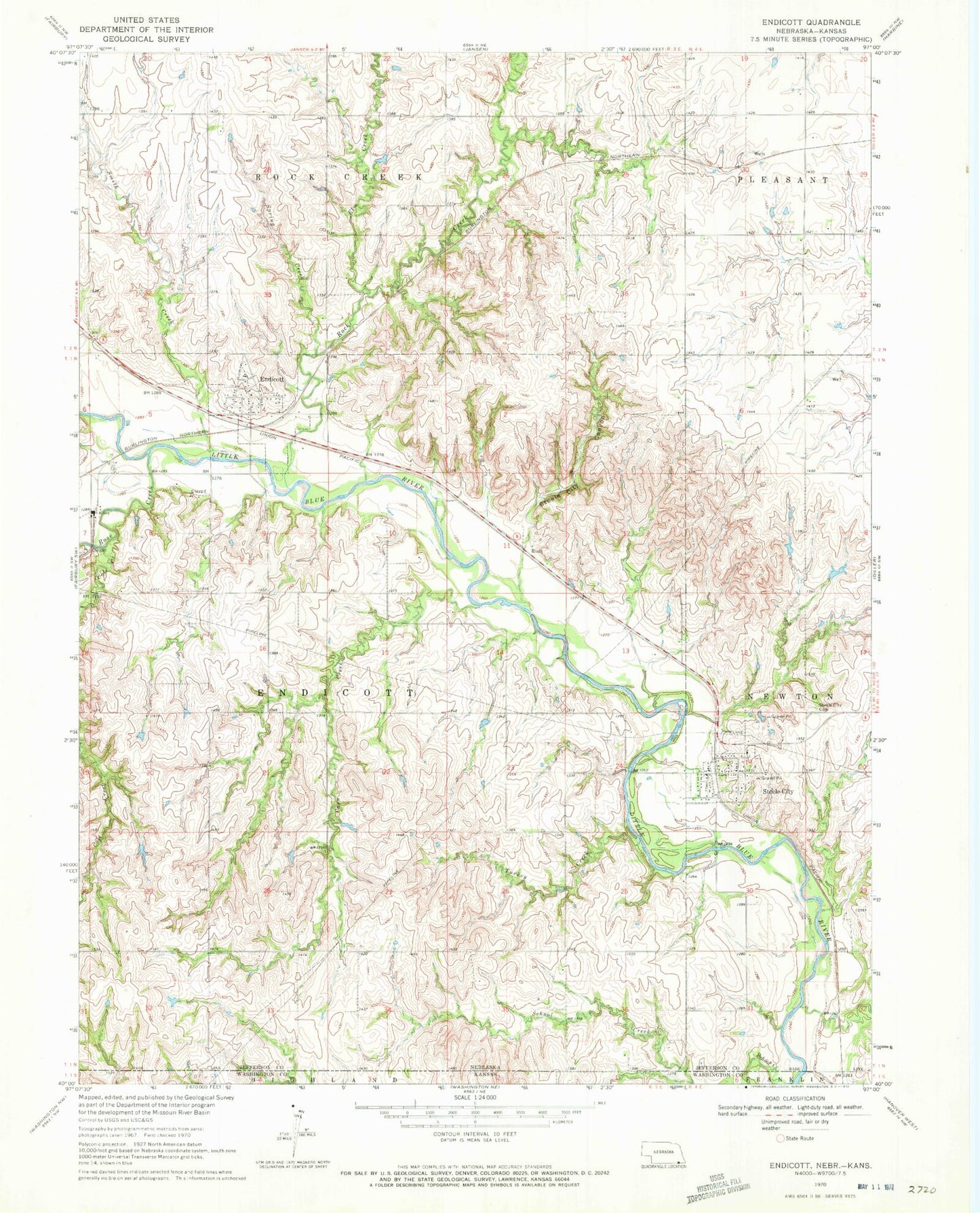 Classic USGS Endicott Nebraska 7.5'x7.5' Topo Map Image
