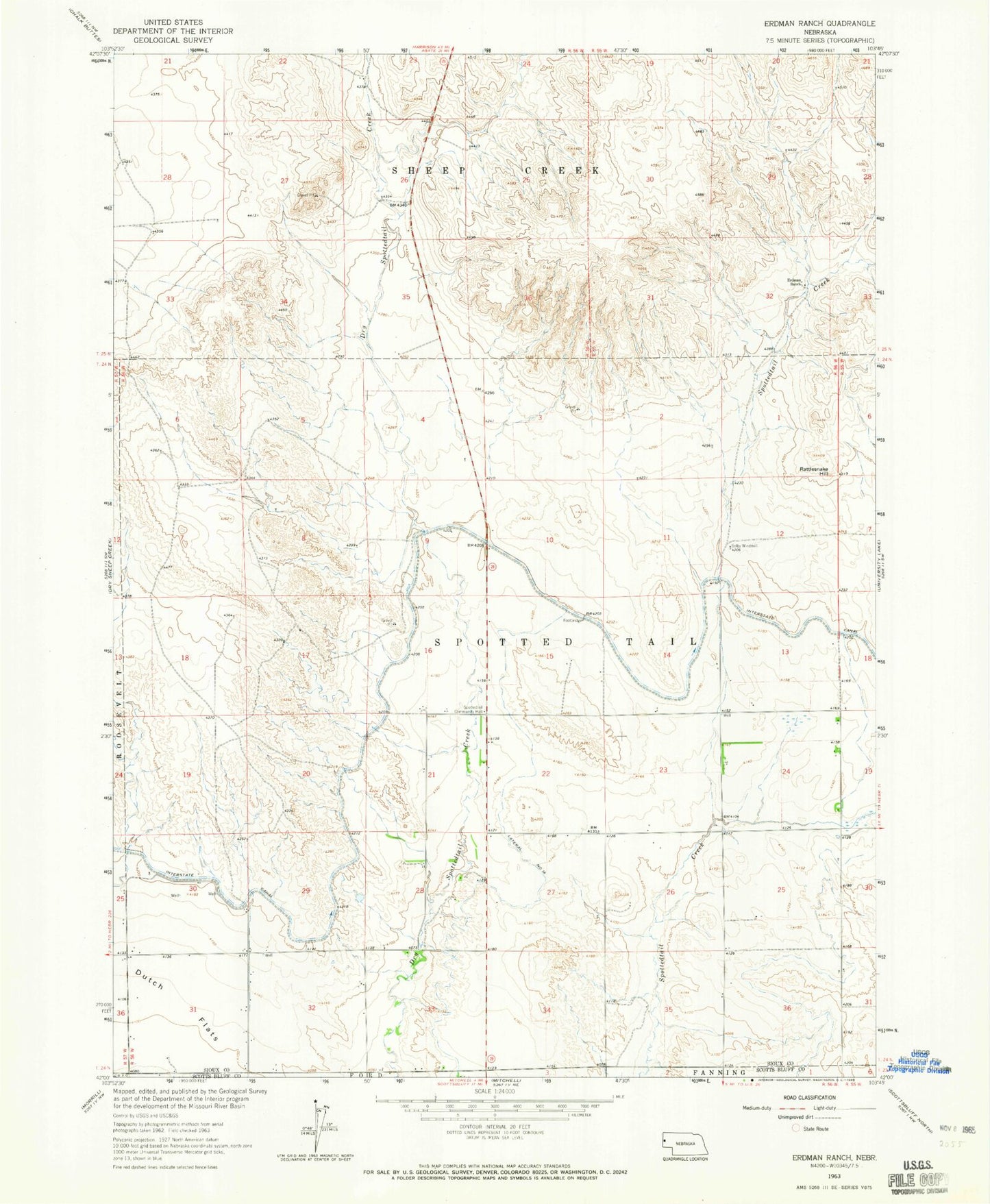 Classic USGS Erdman Ranch Nebraska 7.5'x7.5' Topo Map Image