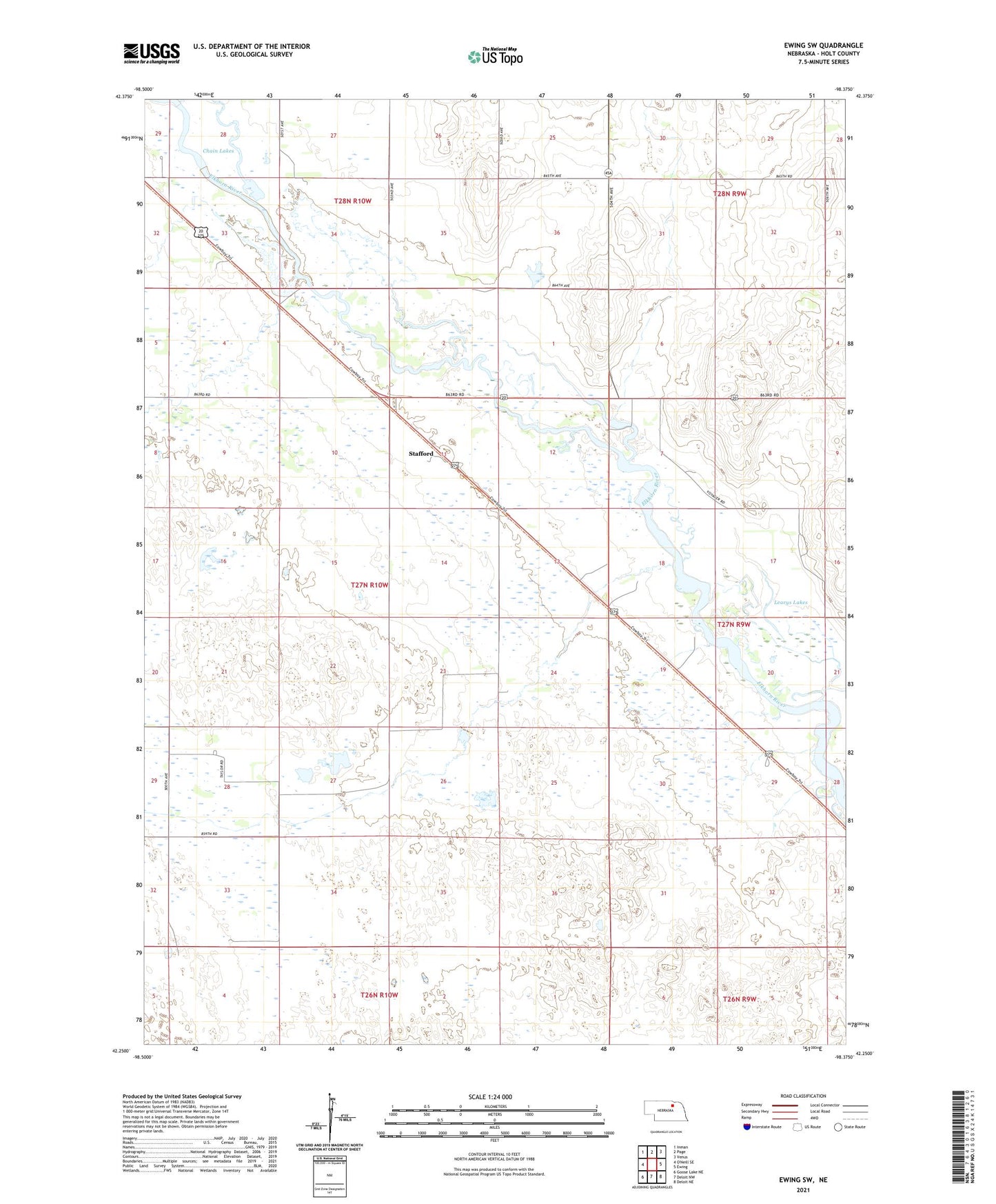 Ewing SW Nebraska US Topo Map Image