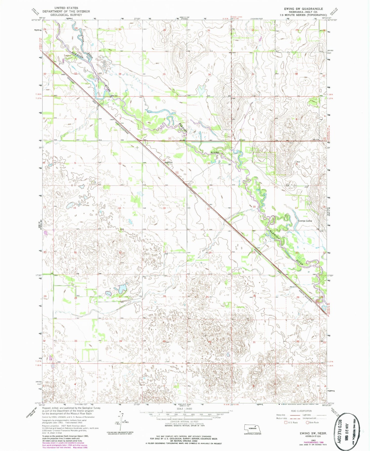 Classic USGS Ewing SW Nebraska 7.5'x7.5' Topo Map Image