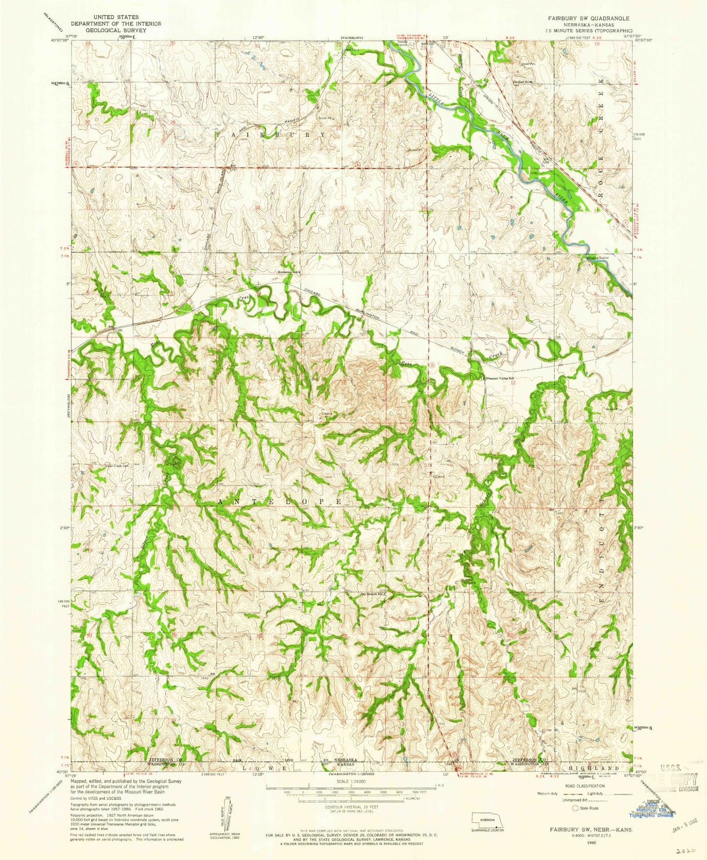 Classic USGS Fairbury SW Nebraska 7.5'x7.5' Topo Map Image
