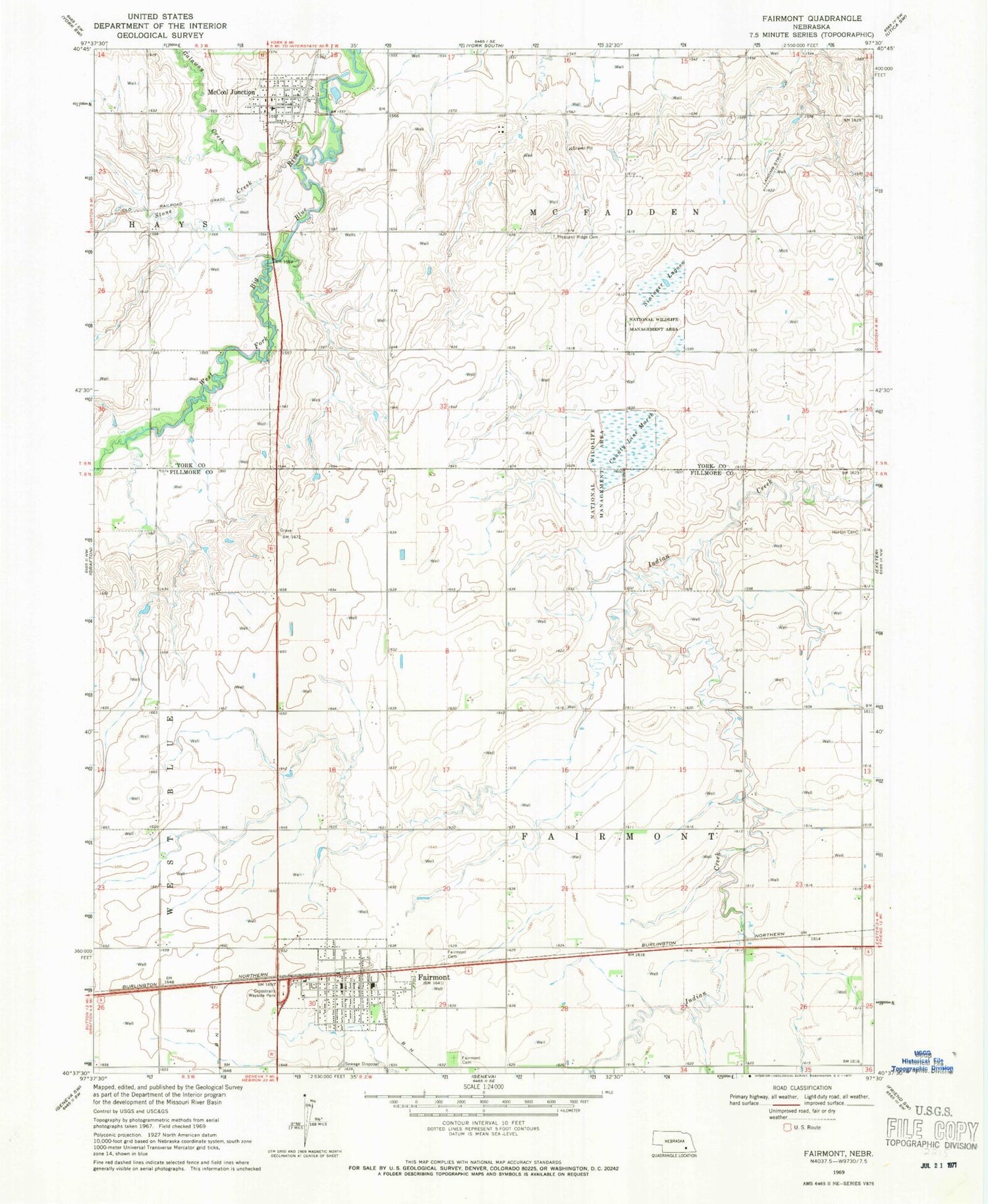 Classic USGS Fairmont Nebraska 7.5'x7.5' Topo Map Image