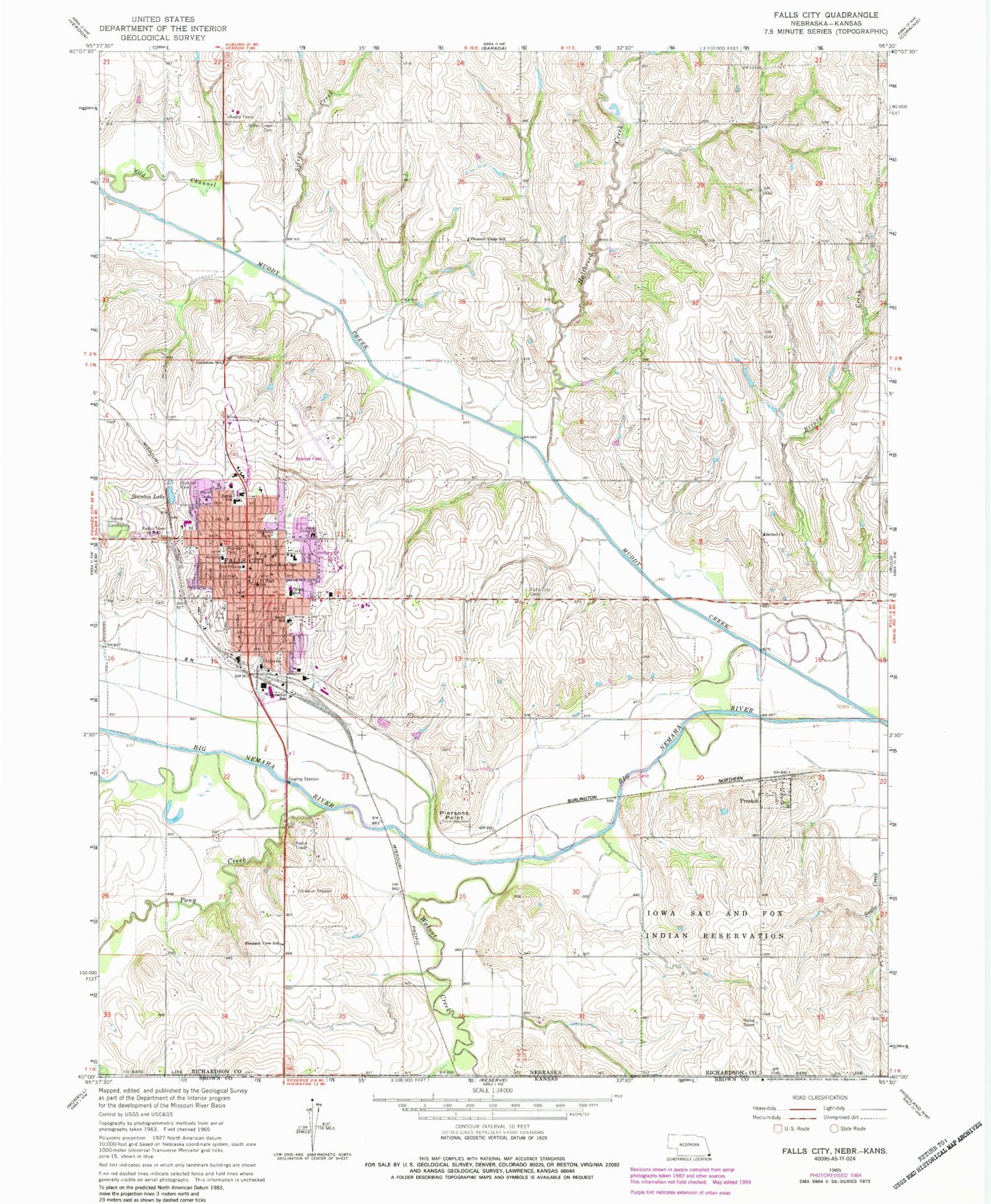 Classic USGS Falls City Nebraska 7.5'x7.5' Topo Map Image