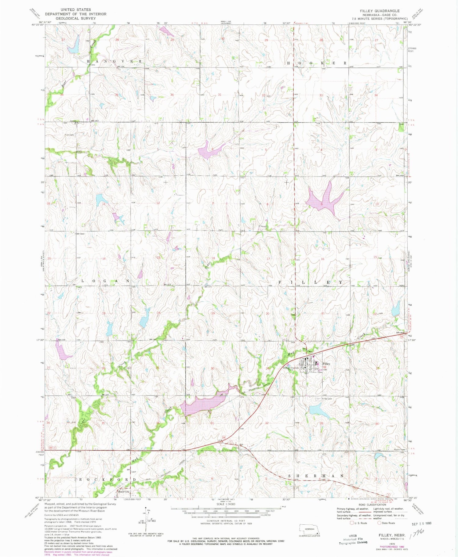 Classic USGS Filley Nebraska 7.5'x7.5' Topo Map Image
