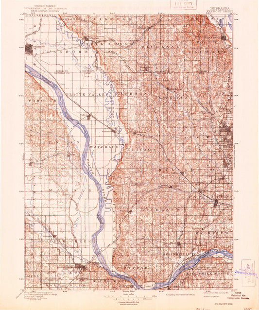 Historic 1896 Freemont Nebraska 30'x30' Topo Map Image