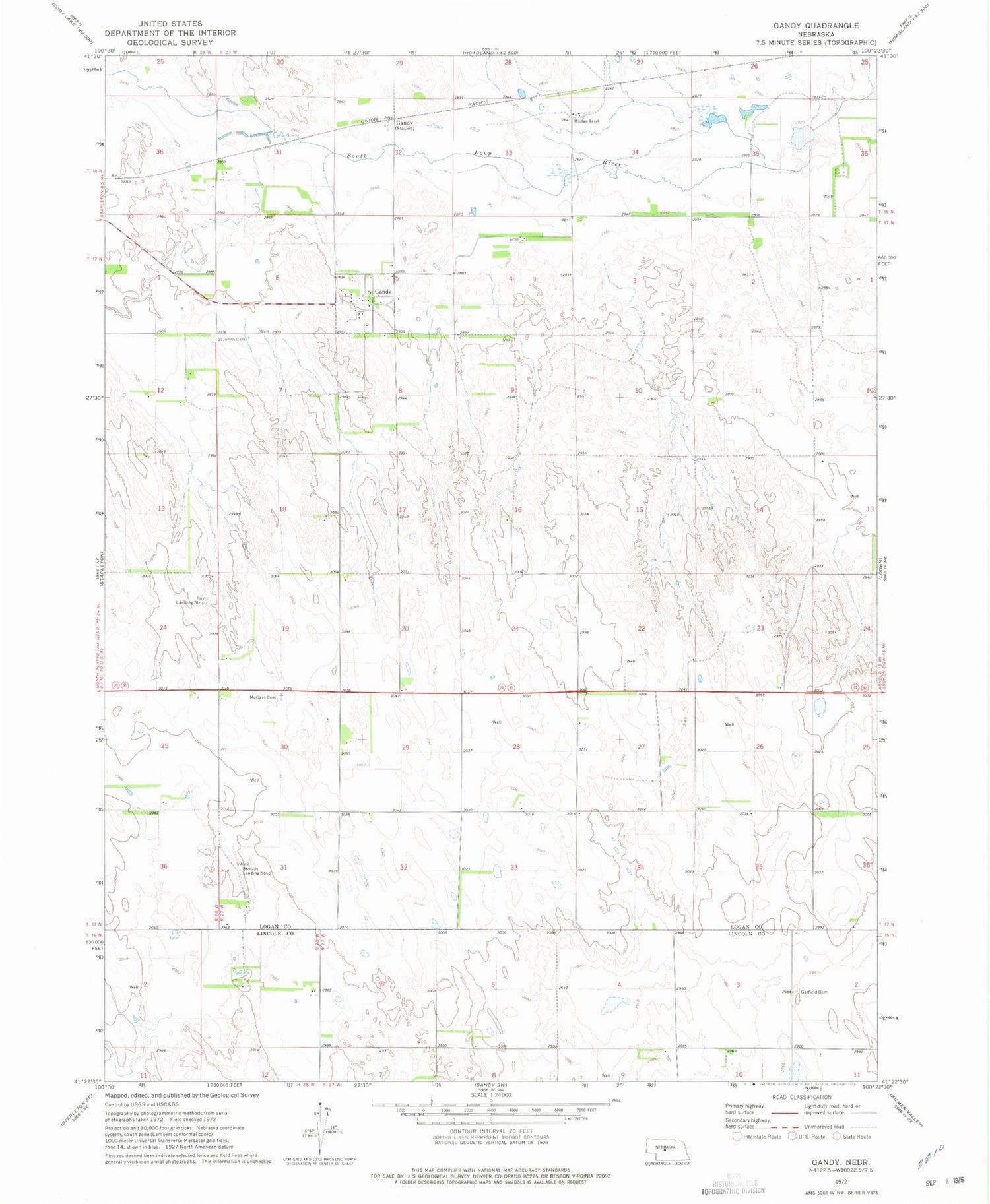 Classic USGS Gandy Nebraska 7.5'x7.5' Topo Map Image