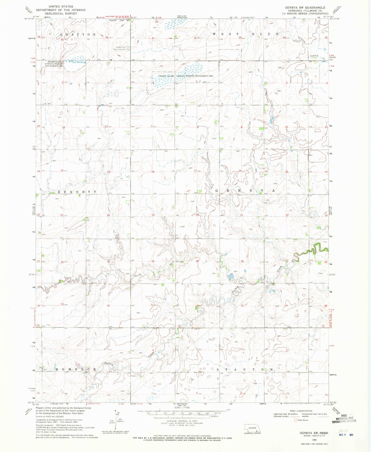 Classic USGS Geneva SW Nebraska 7.5'x7.5' Topo Map Image