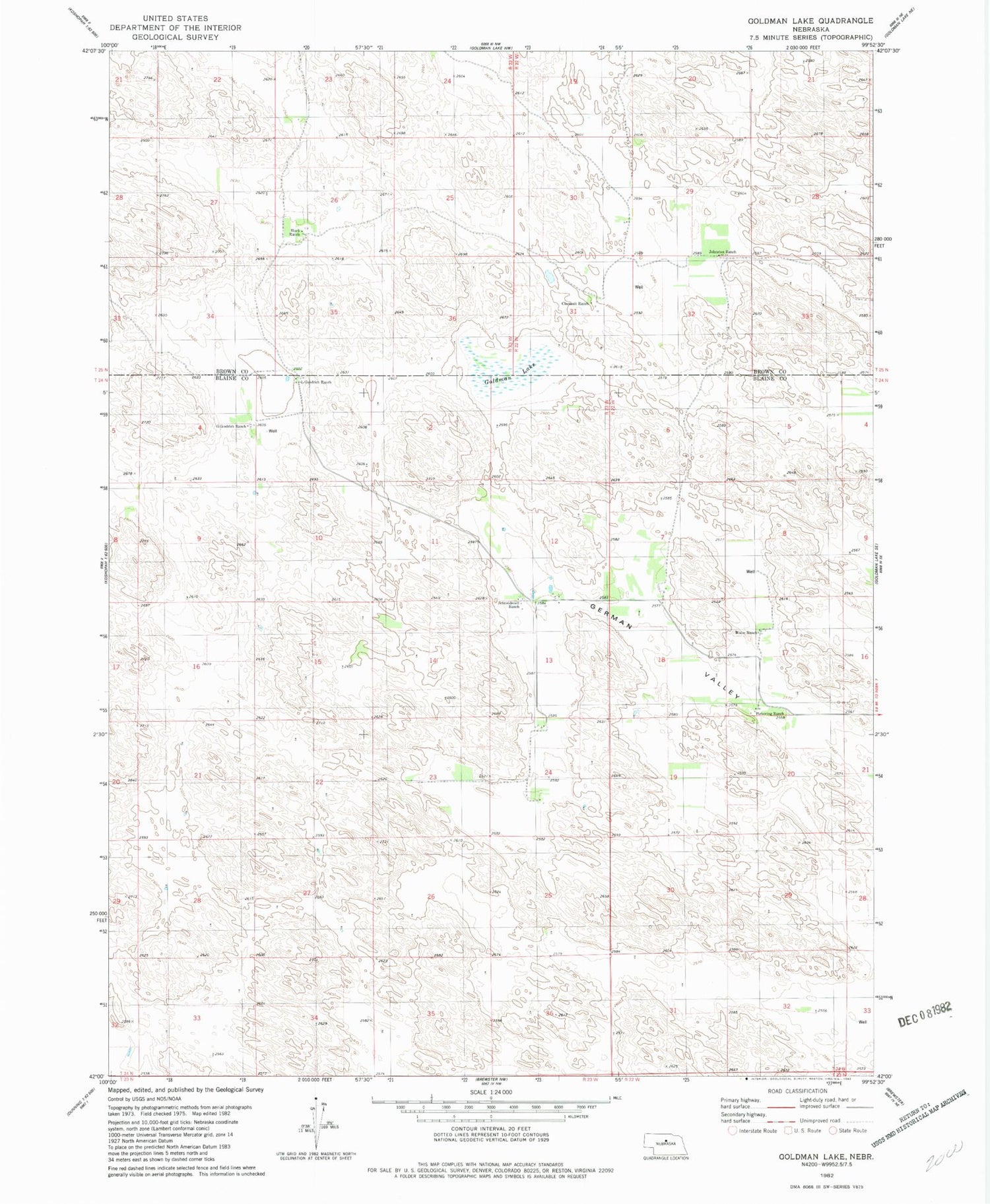 Classic USGS Goldman Lake Nebraska 7.5'x7.5' Topo Map Image
