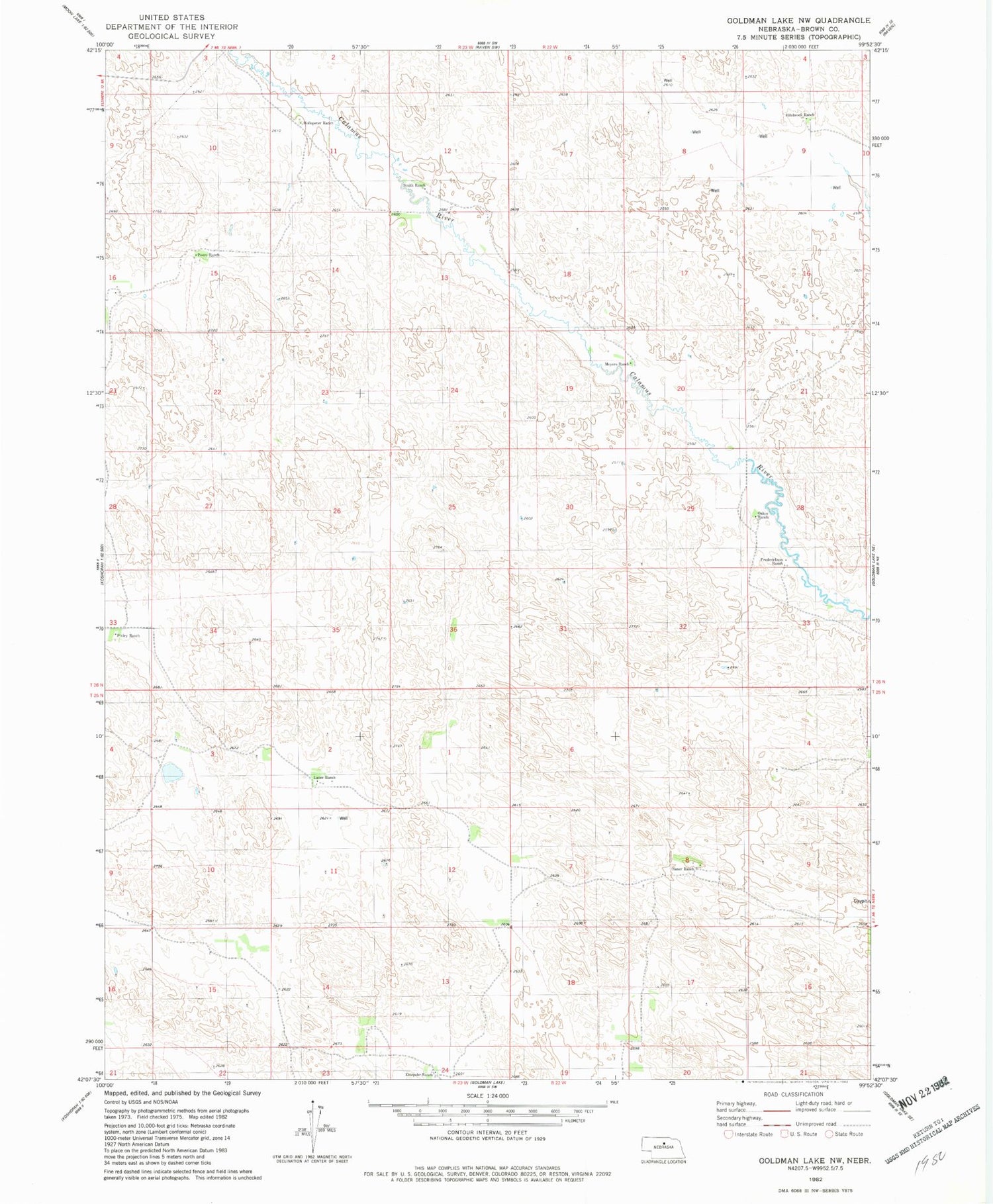Classic USGS Goldman Lake NW Nebraska 7.5'x7.5' Topo Map Image