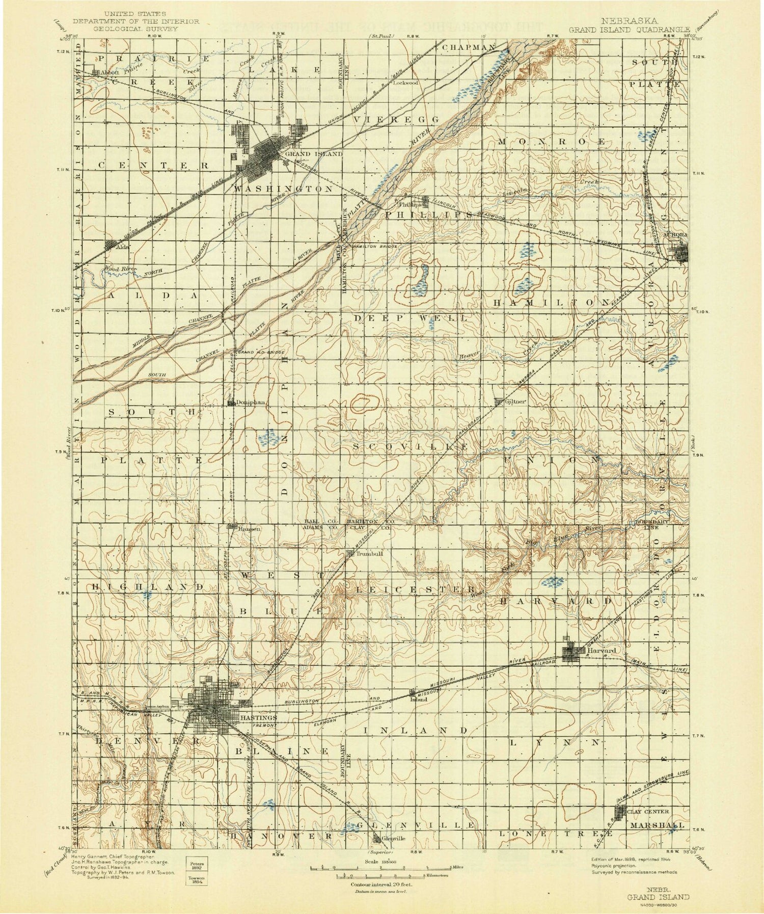 Historic 1898 Grand Island Nebraska 30'x30' Topo Map Image
