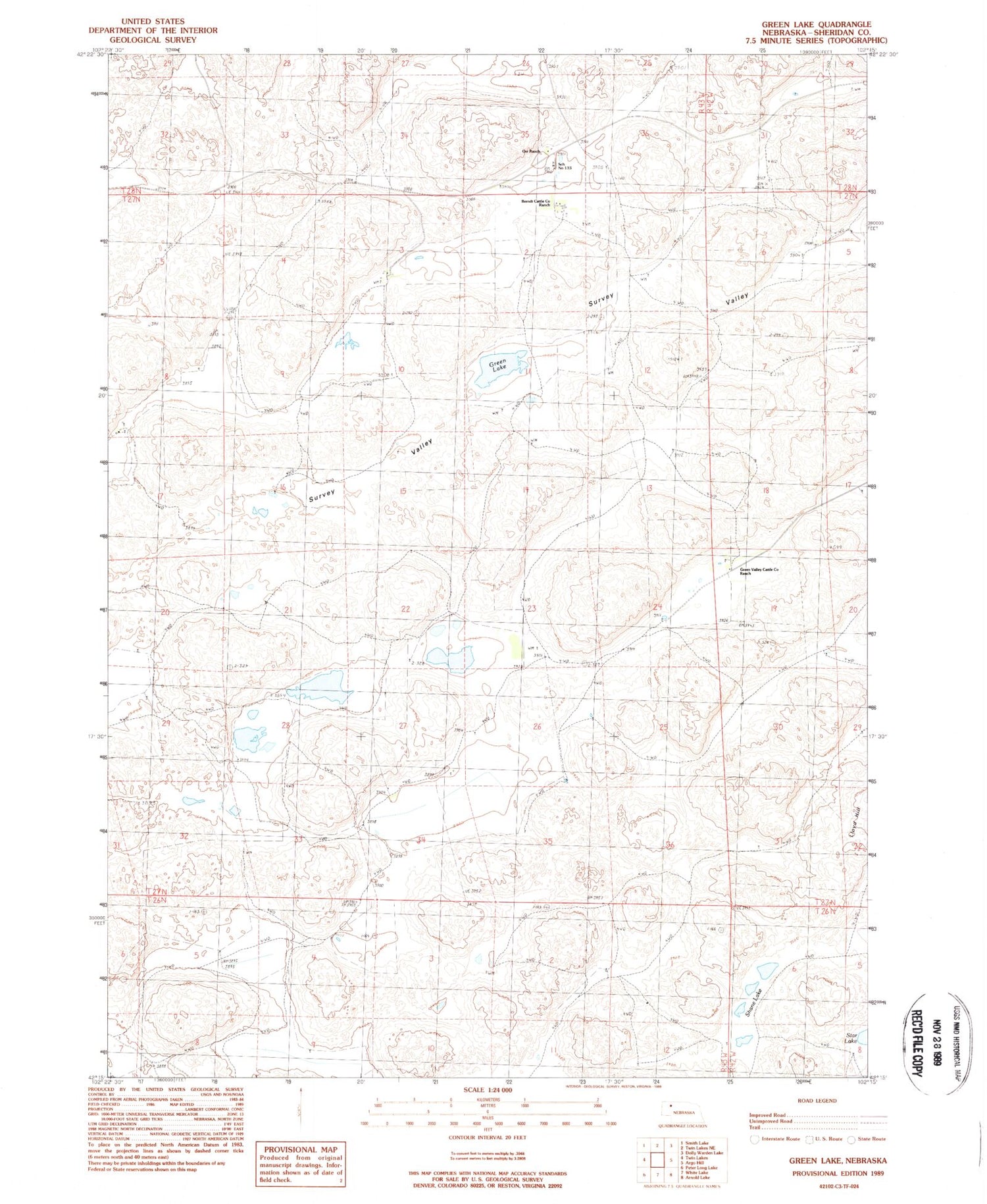 Classic USGS Green Lake Nebraska 7.5'x7.5' Topo Map Image