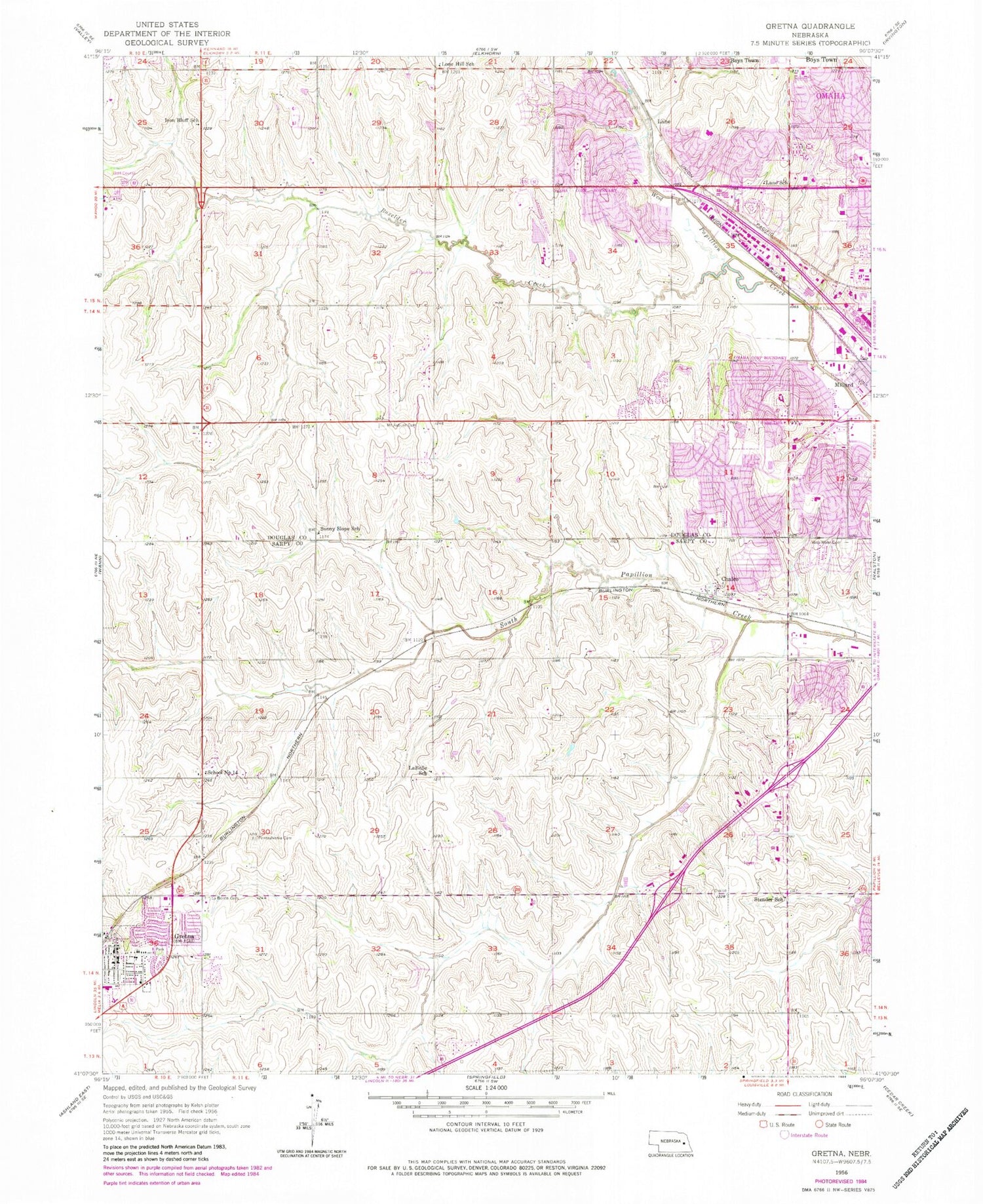 Classic USGS Gretna Nebraska 7.5'x7.5' Topo Map Image